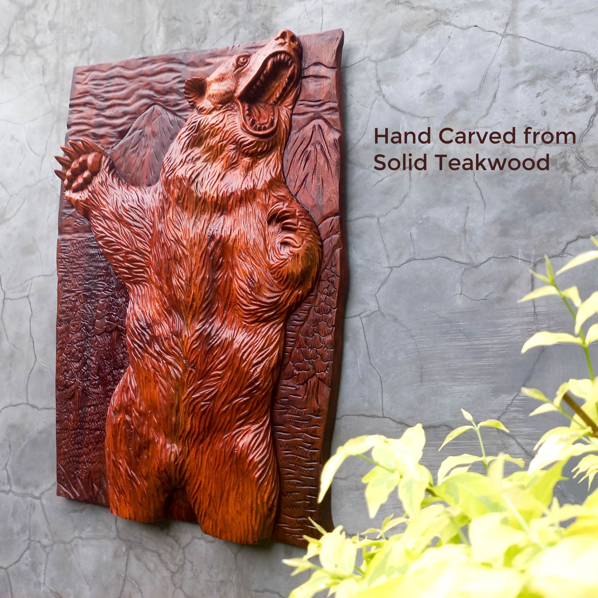 Hand Carved Grizzly Bear Decorative Teakwood Sculpture Wall Art