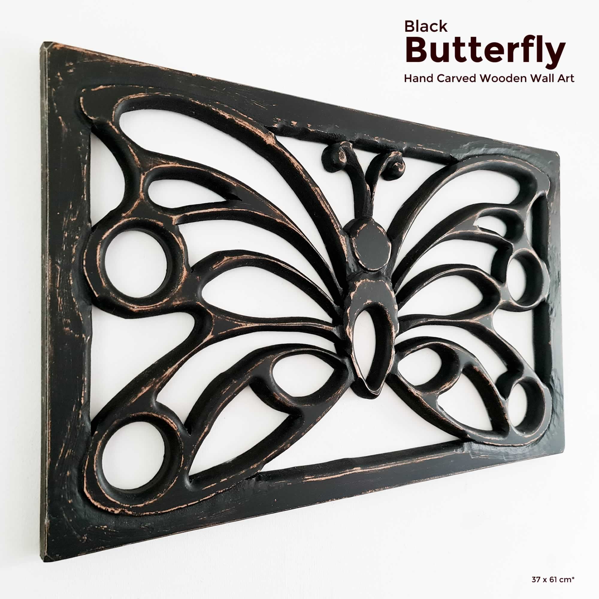 Antique Black Butterfly - Handmade Distressed Carved Wooden Wall Art Deco