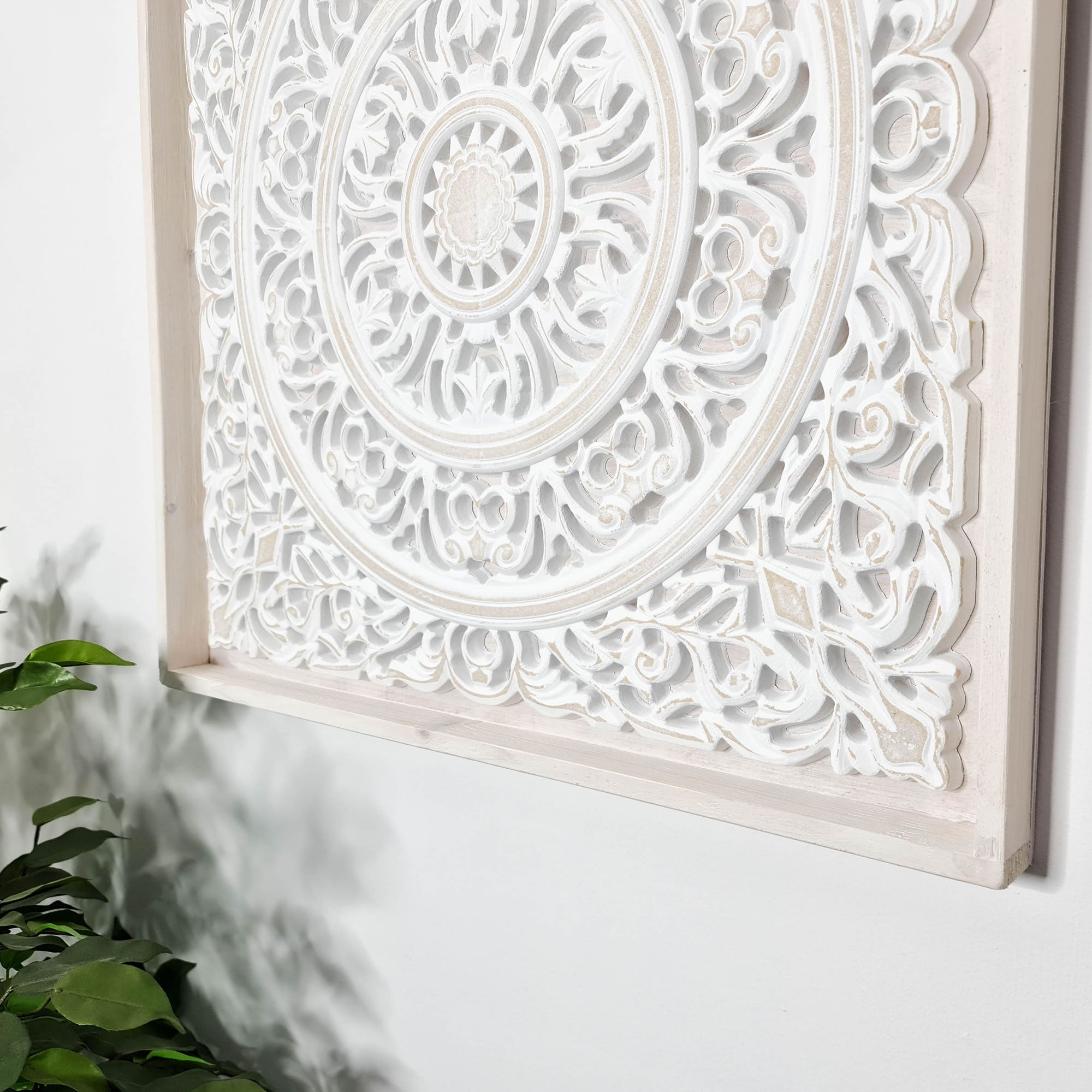 Carved Wooden Decorative Framed Mandala Panel Art Sculpture White Shabby Chic