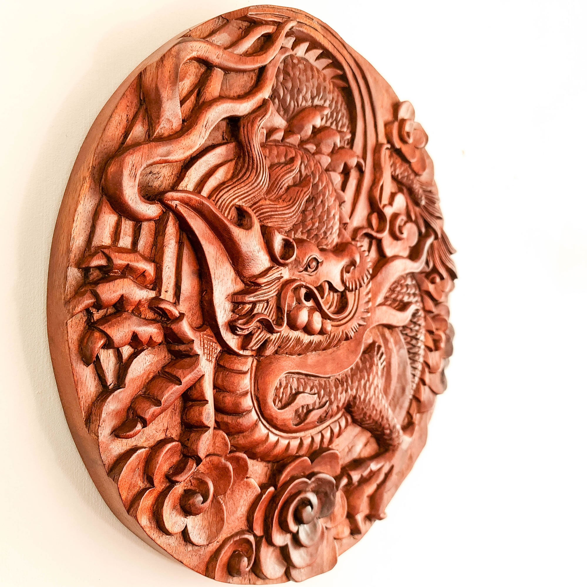 Hand Carved Wooden Wall Art Decorative Sculpture Chinese Dragon - Feng Shui Good Luck Perfect Gift Easternada