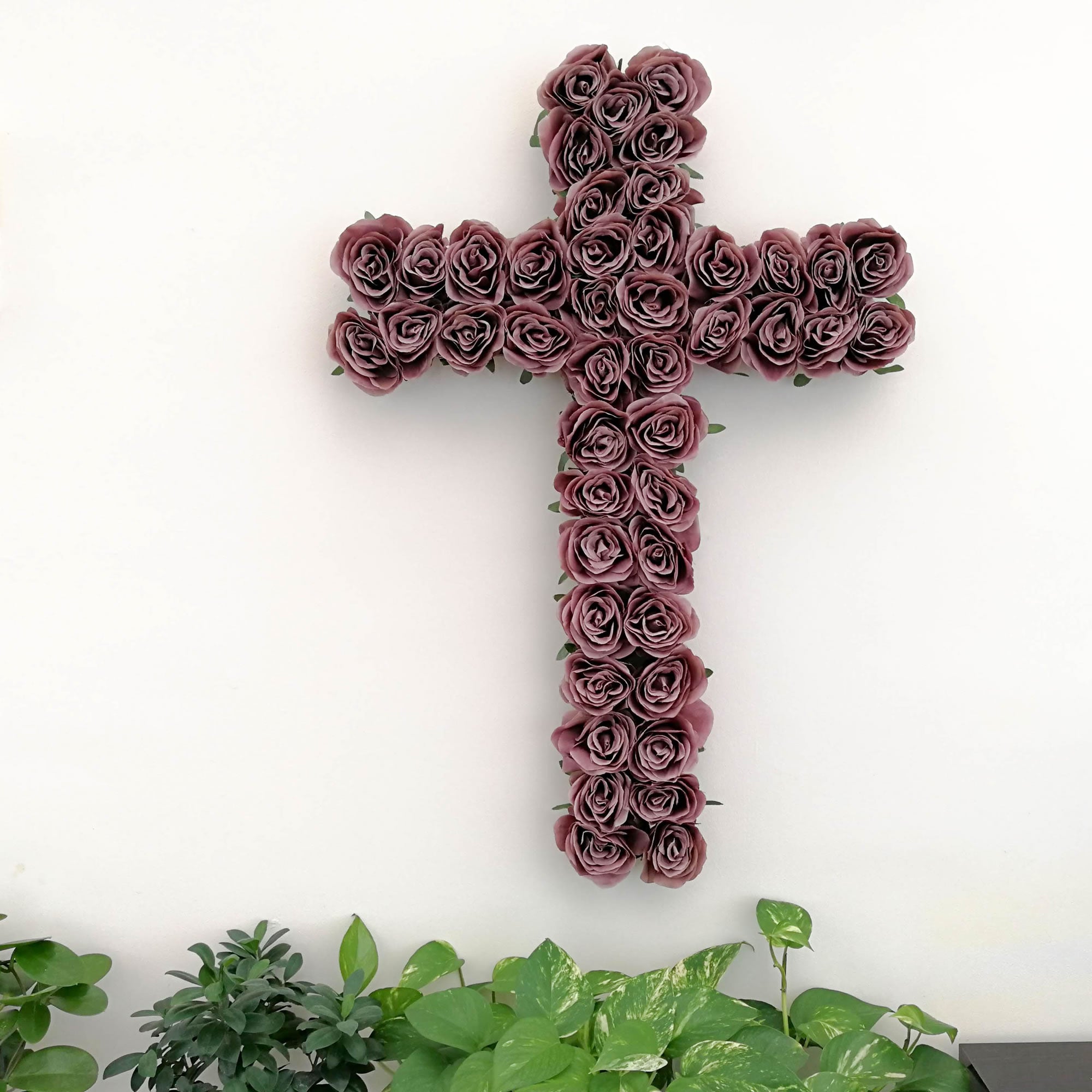 Decorative Christian Cross Wall Hanging - Jesus Religious Bohemian Style Silk Rose Flowers Church Cross