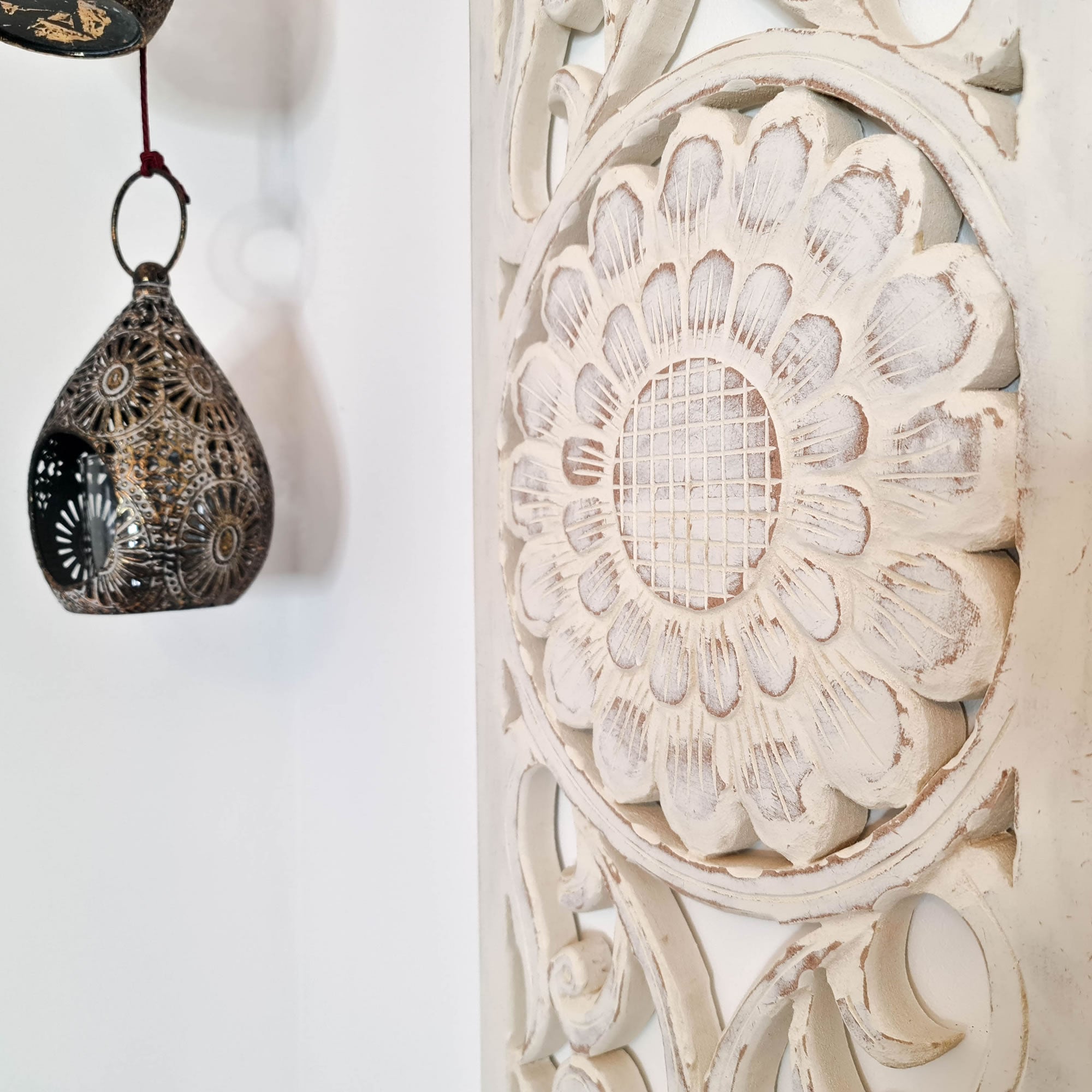 Hand Carved Wooden Wall Art - Distressed White Decorative Mandala Yoga Panel