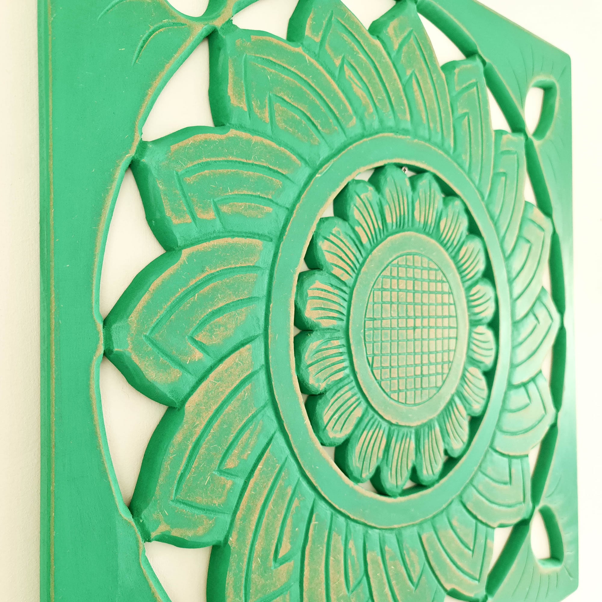 Hand Carved Wooden Wall Art - Square Decorative Mandala Turquoise