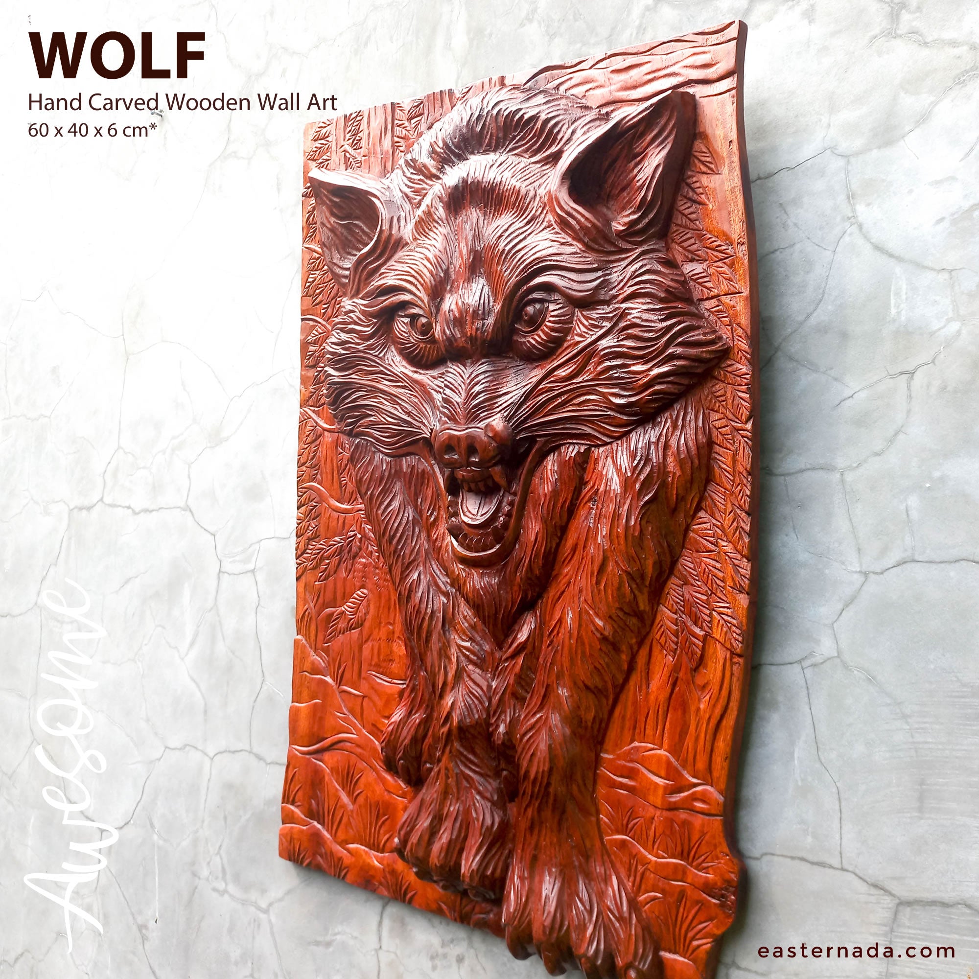 Hand Carved Wolf Decorative Teakwood Sculpture Wall Art
