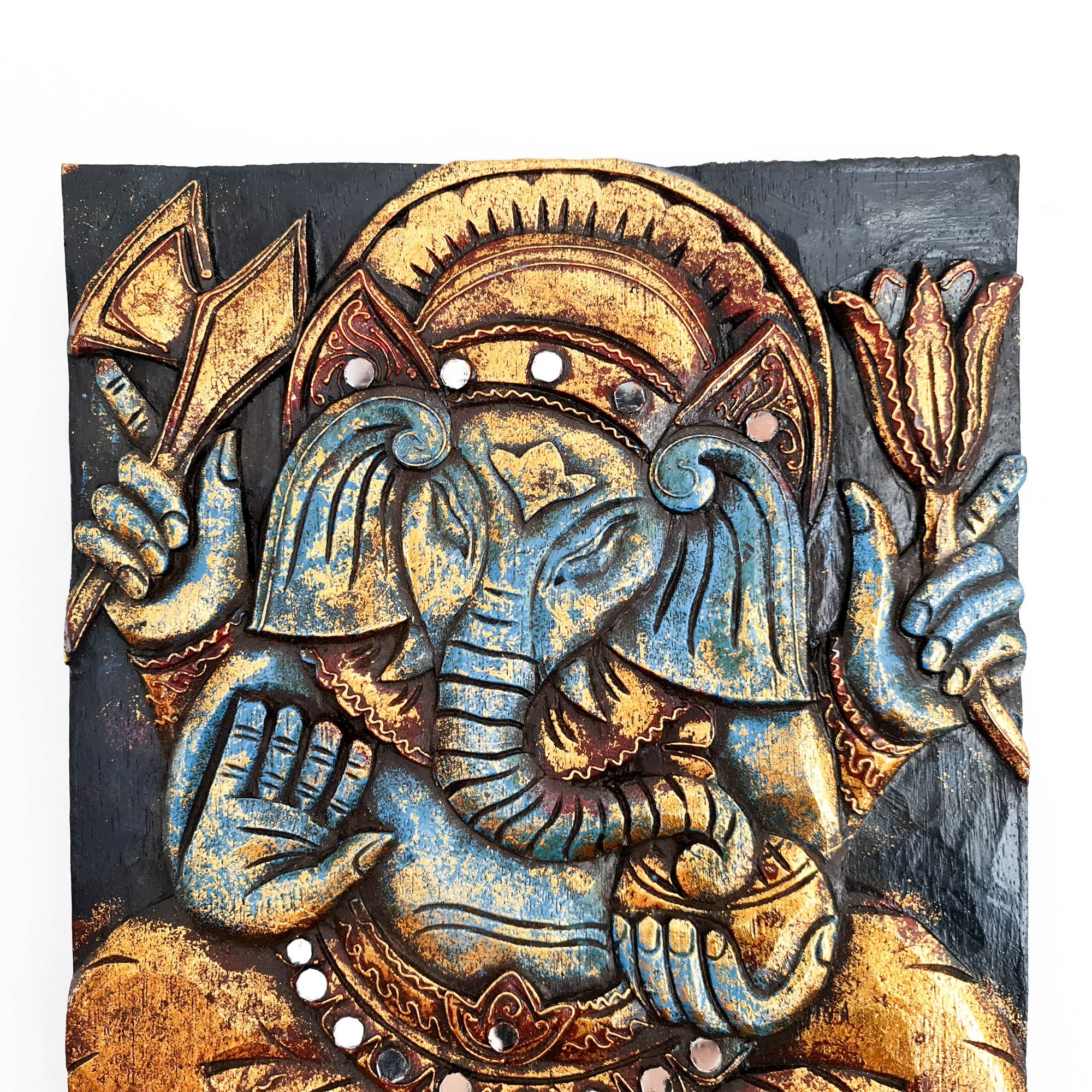 Hand Carved Painted Golden Ganesh Hindu God Mandir Wood Art Sculpture