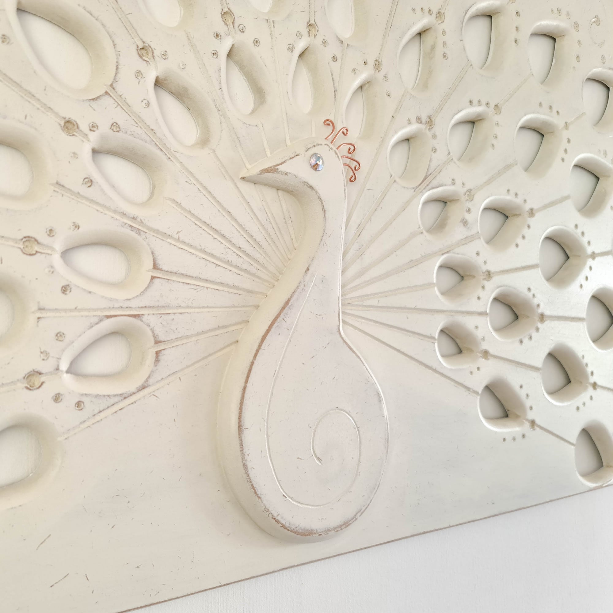 Peacock Hand Carved Wooden Decorative Sculpture Wall Art Distressed White Headboard Shabby Chic