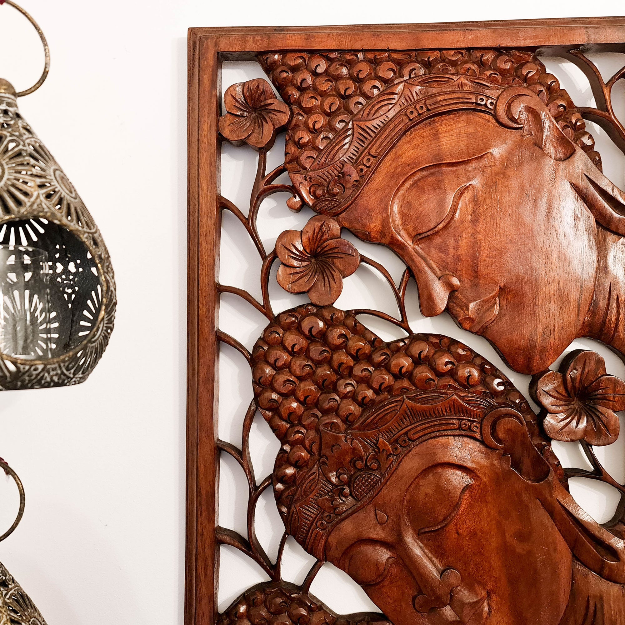 Three Buddha Peace Meditation Yoga Teak Wood Wall Art Long - Easternada