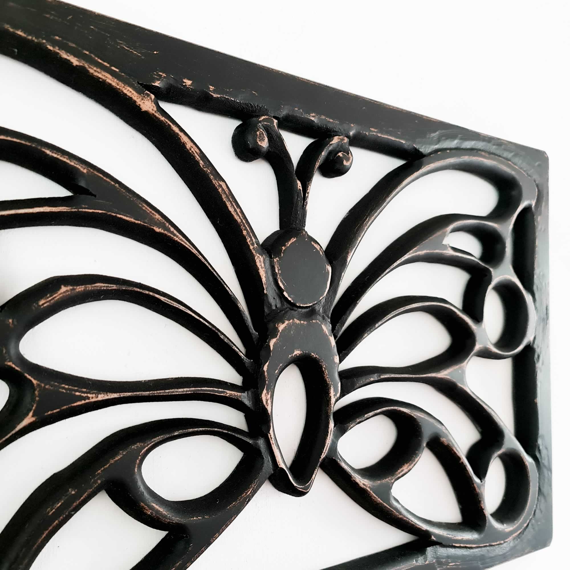 Antique Black Butterfly - Handmade Distressed Carved Wooden Wall Art Deco