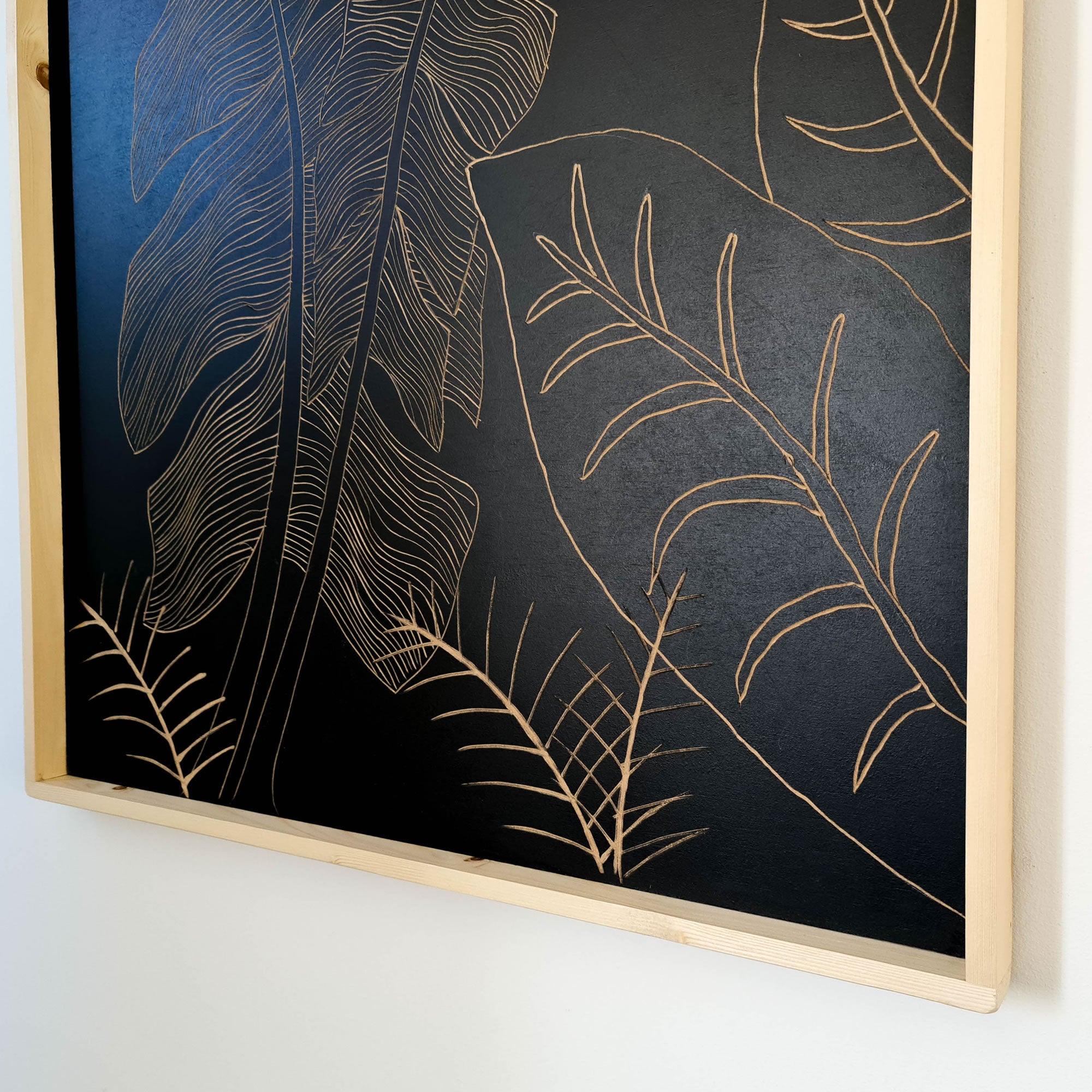 Art mural décoratif en bois sculpté à la main Feuilles sauvages Noir Grand