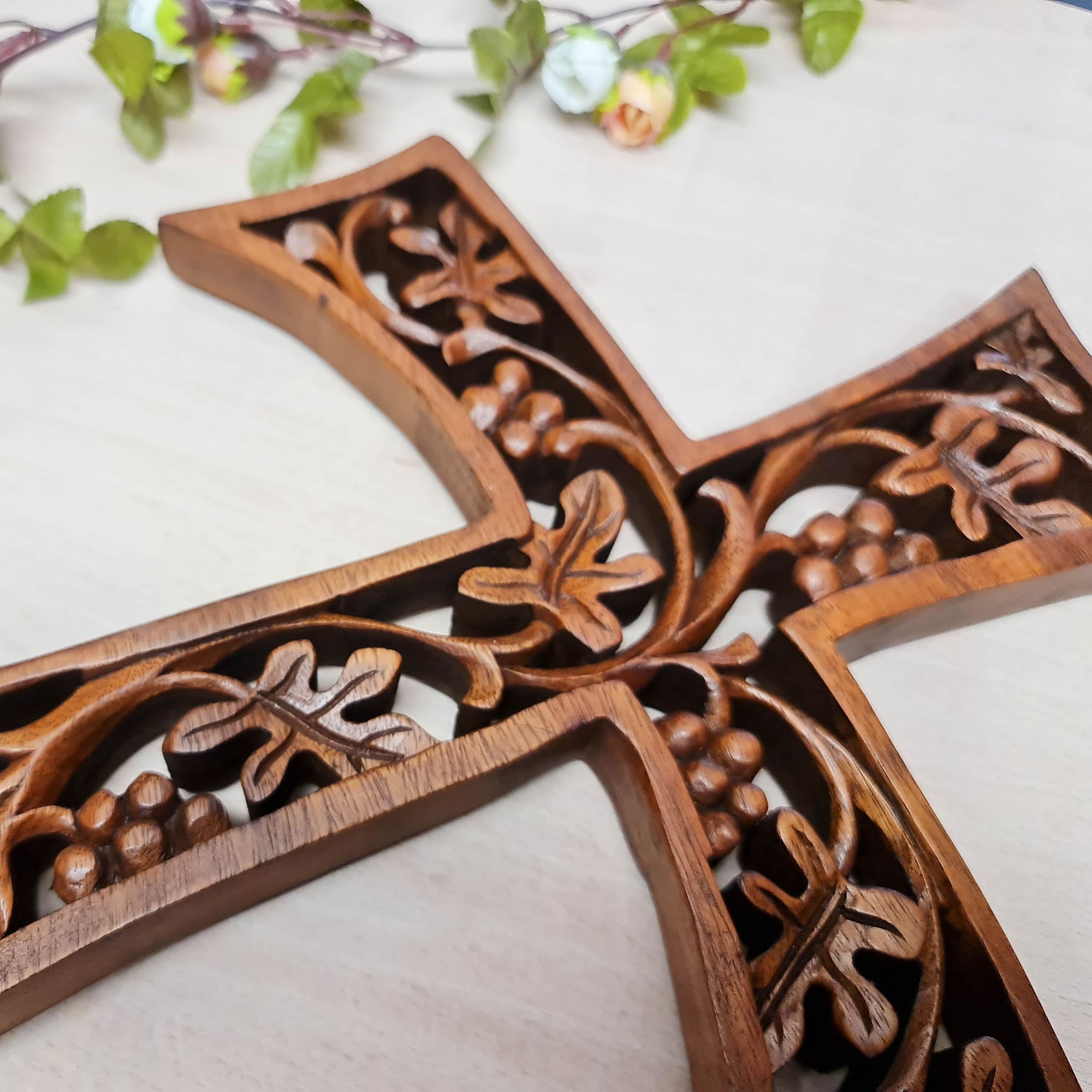 Christian Prayer Cross Tree of Life Carved Wooden Decorative Panel Sculpture Art