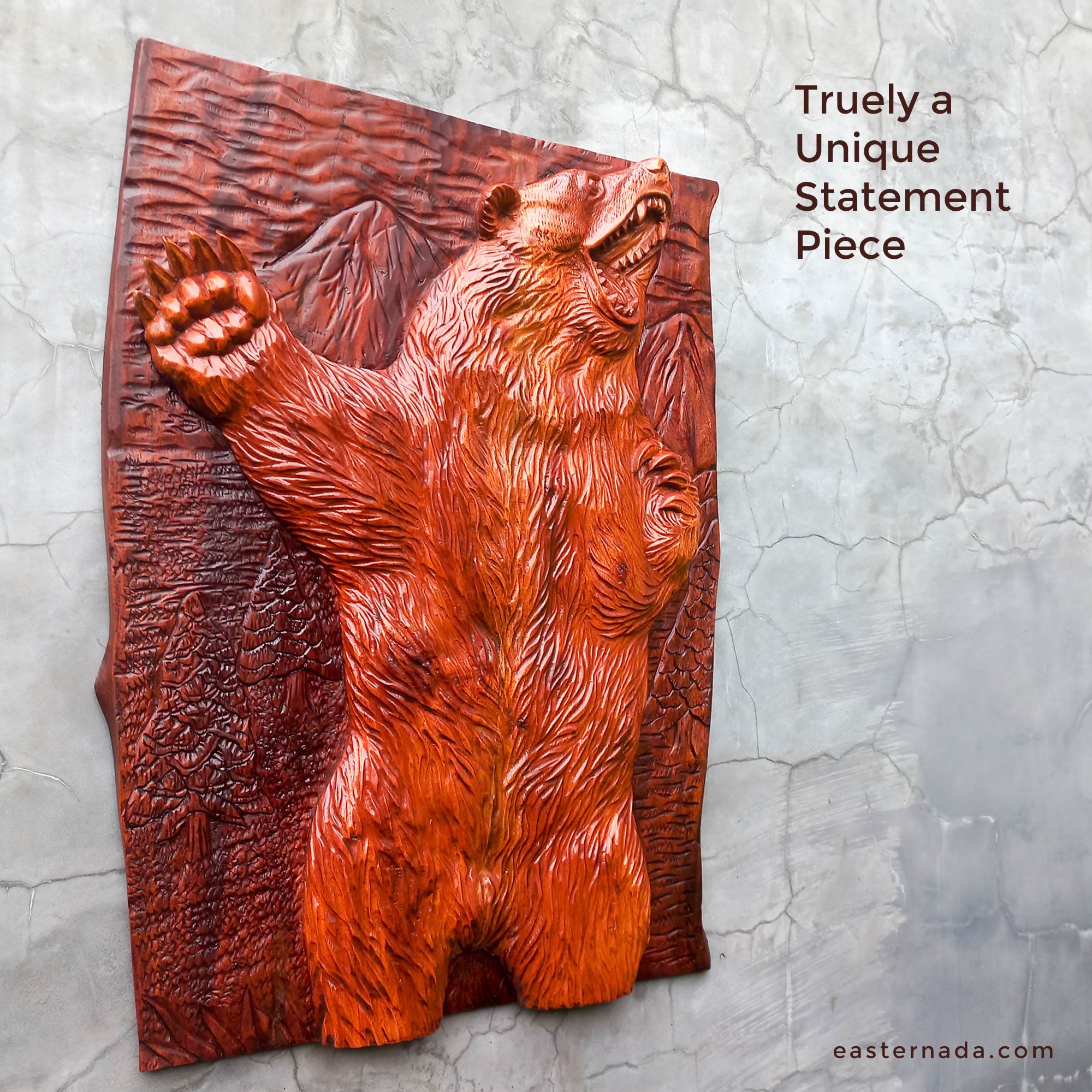 Hand Carved Grizzly Bear Decorative Teakwood Sculpture Wall Art