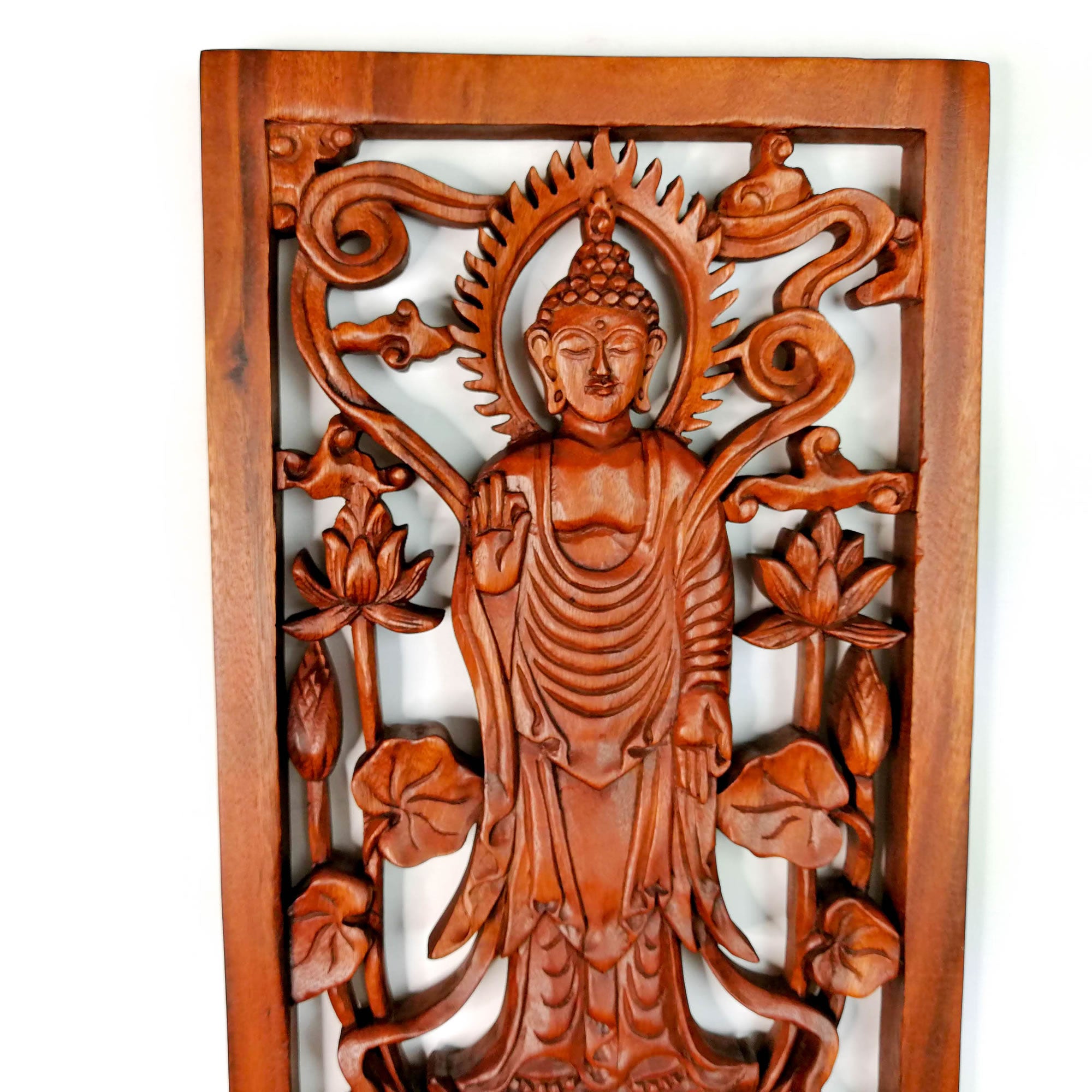 Hand Carved Wooden Wall Art Decorative Standing Buddha Peace Yoga Meditation