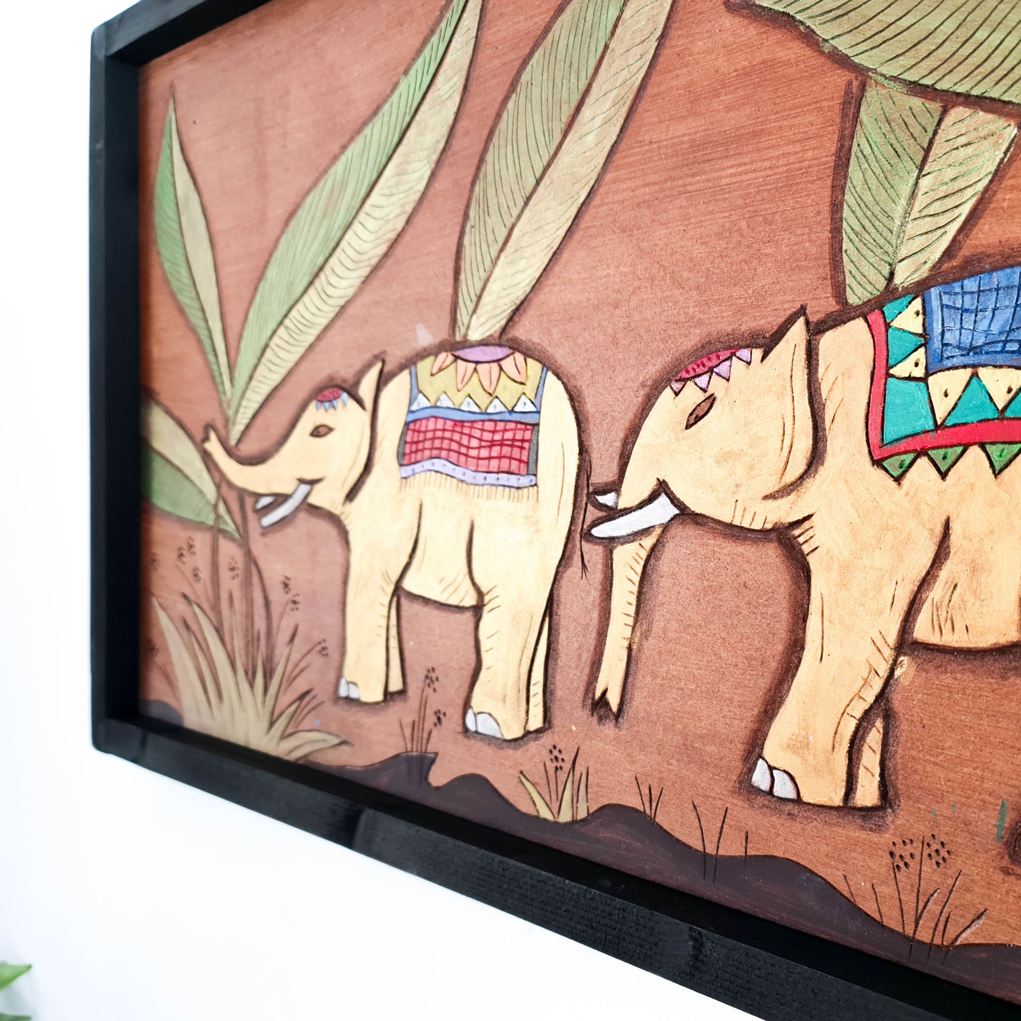 Golden Jungle African Elephants - Hand Carved Wooden Wall Art