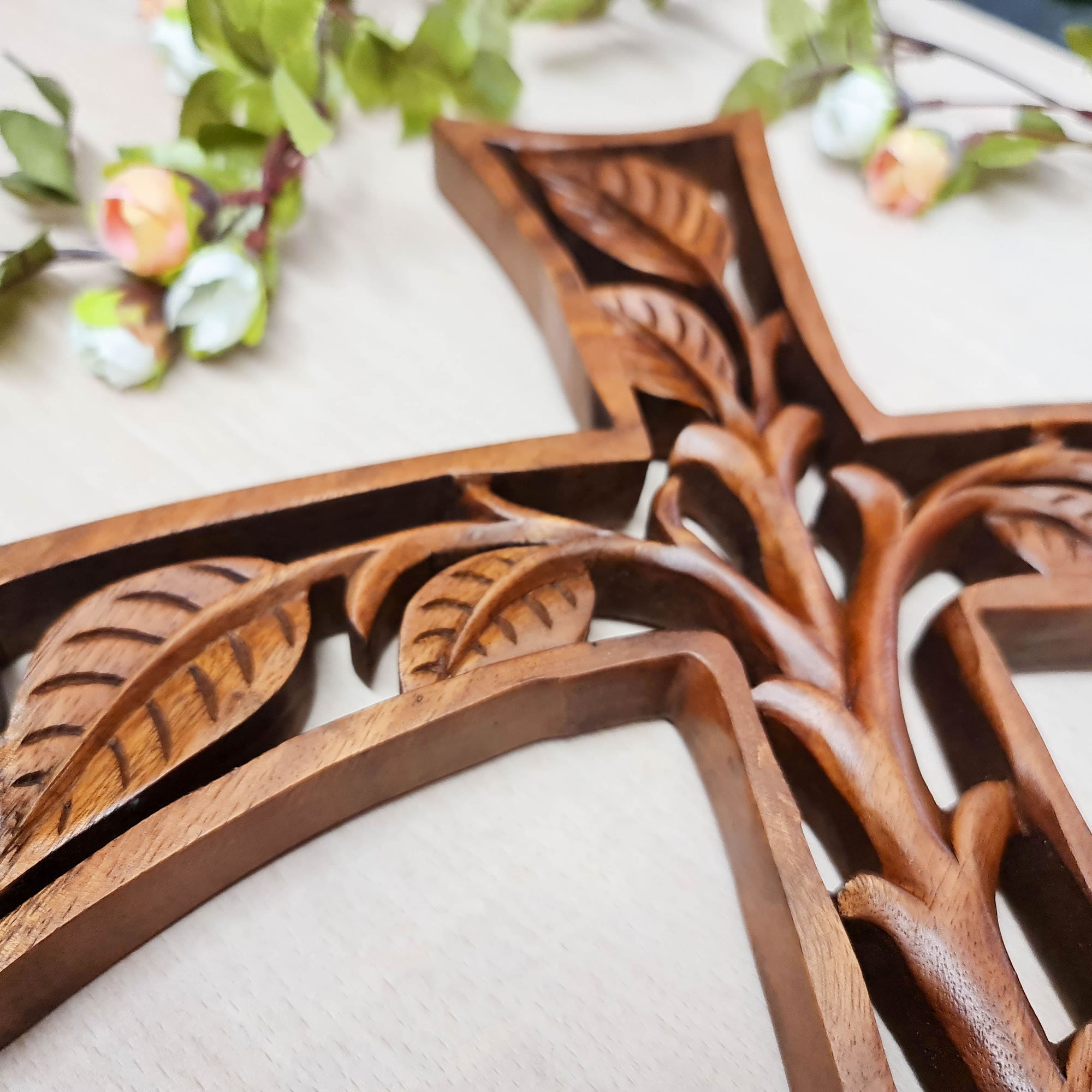 Christian Prayer Cross Tree of Life Carved Wooden Decorative Panel Sculpture Art