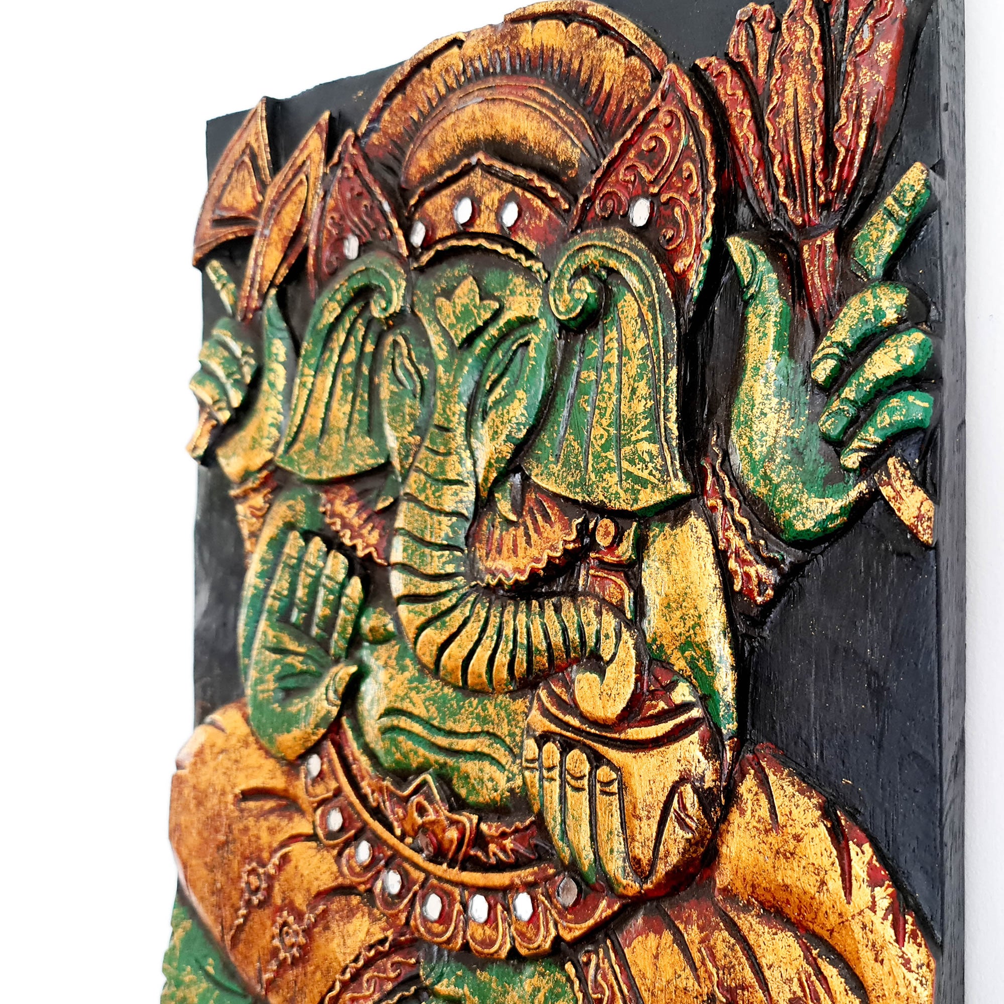 Hand Carved Painted Golden Ganesh Hindu God Mandir Wood Art Sculpture