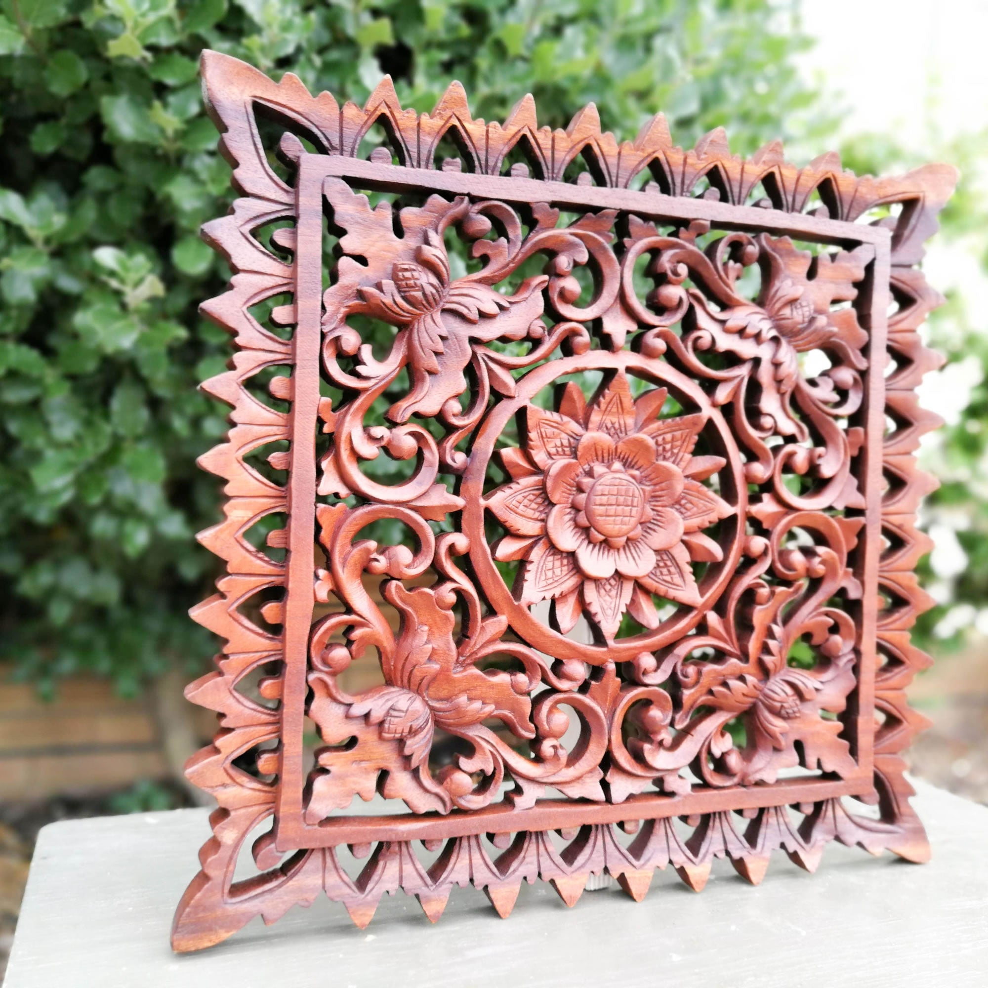 Hand Carved Wooden Decorative Panel Art Sculpture Mandala Yoga Square