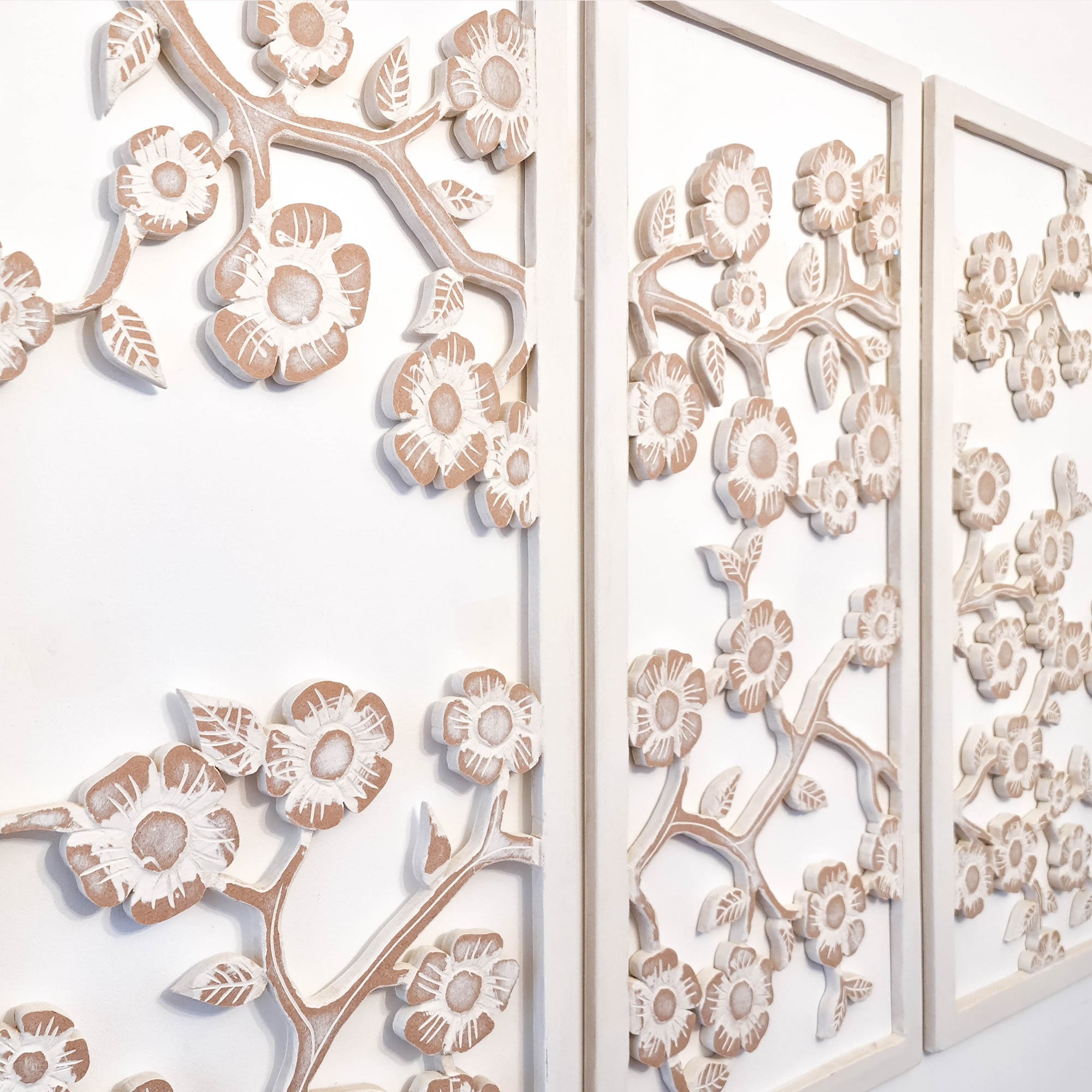 Hand Carved Wooden Wall Art - Large Headboard Decoration Cherry Blossom Shabby Chic Distressed White - Easternada