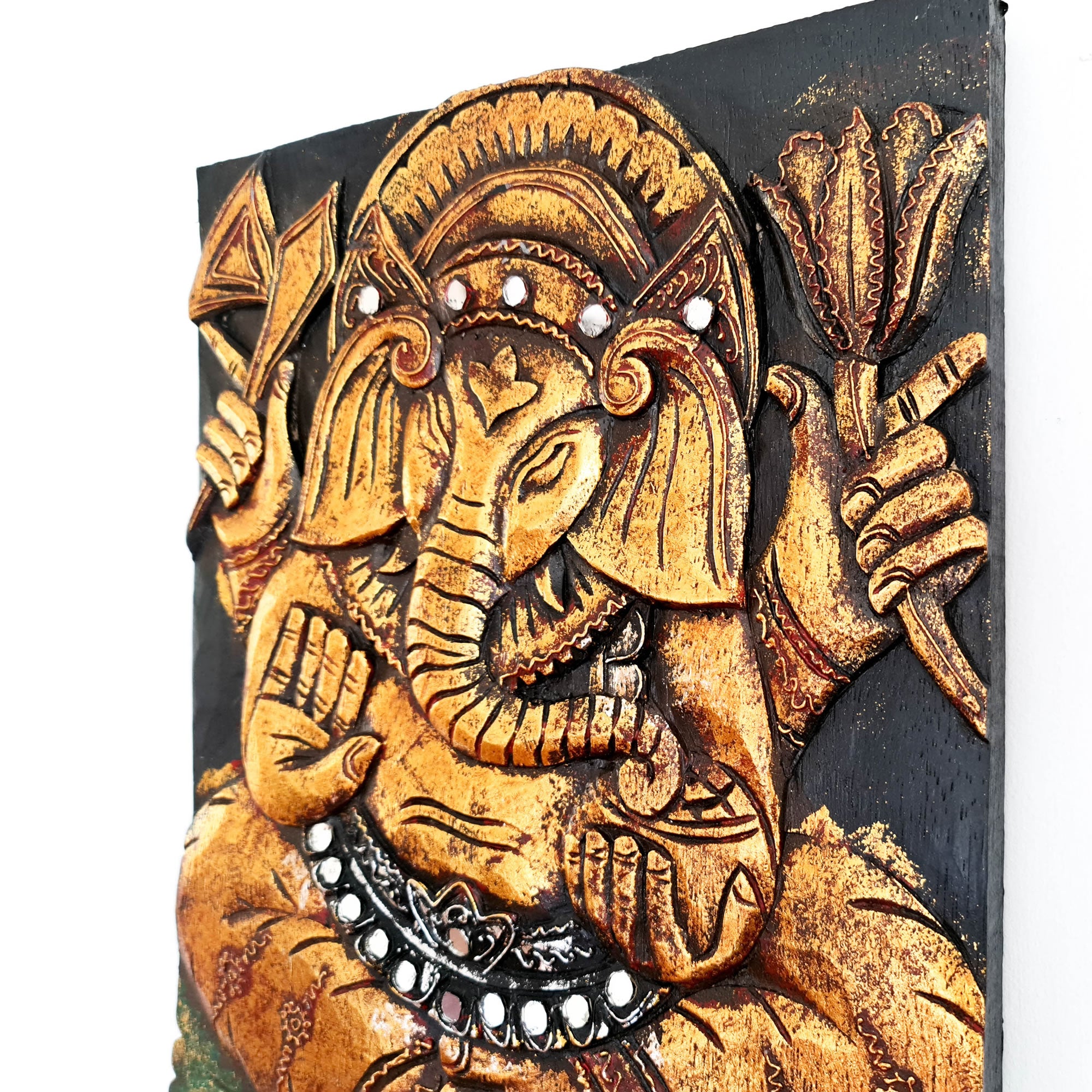 Hand Carved Painted Golden Ganesh Hindu God Mandir Wood Art Sculpture