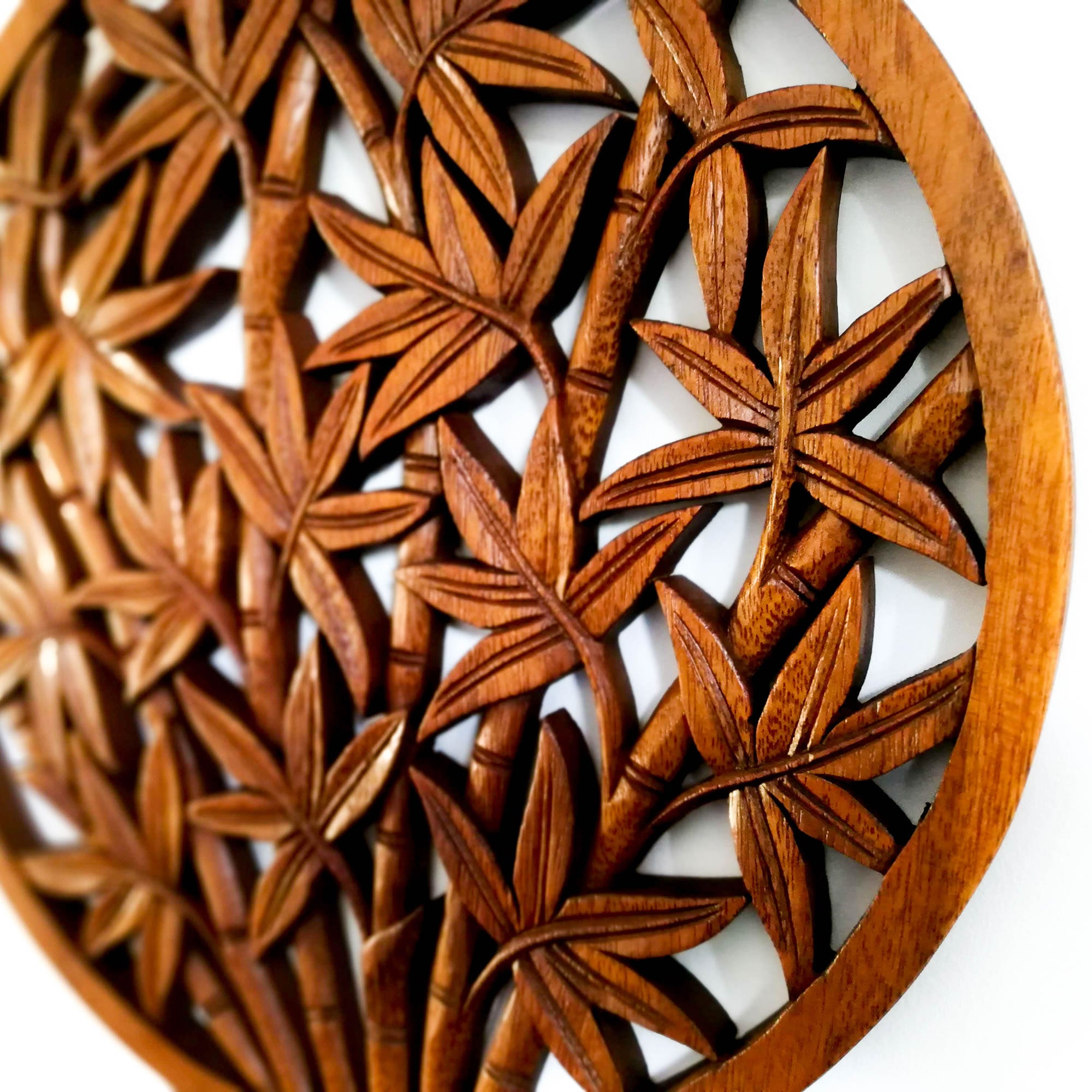 Hand Carved Wooden Decorative Wall Art Round - Bamboo Shoots. A perfect gift this season. Handmade using teak wood.