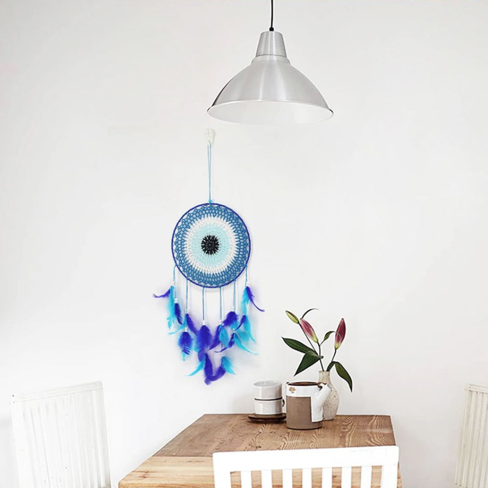 A beautiful Nazar Turkish Evil Eye Handmade Bohemian Macramé Beads Dream Catcher Car Wall Hanging Decoration Art, a perfect gift. A unique piece with subtle colors and beads to give an elegant touch