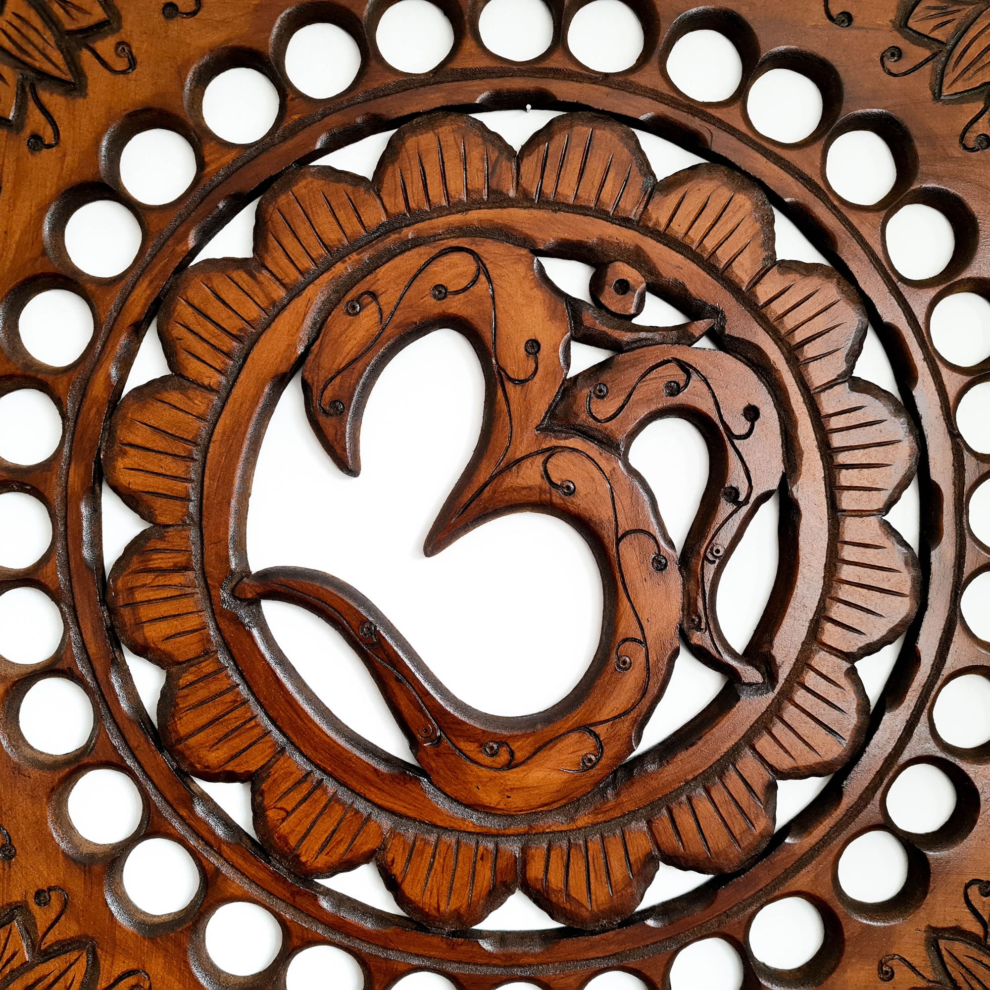 Handmade Carved Wooden Decorative Wall Art OM Mantra Mandir Meditation - Easternada