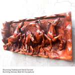 Hand Carved Teak Wood Wild Running Horses Decorative Sculpture Wall Art