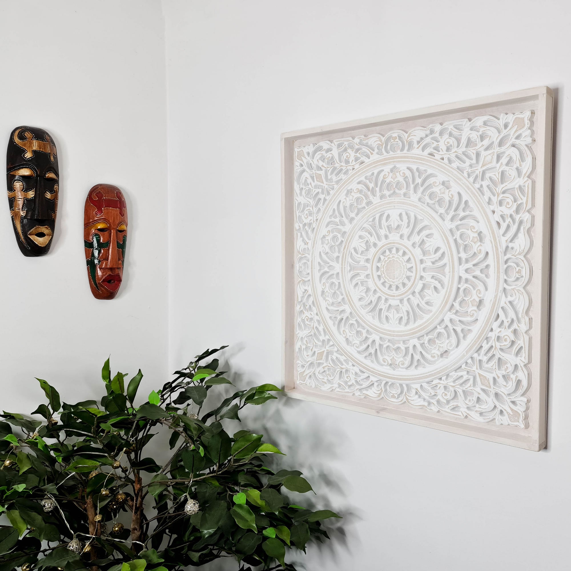 Carved Wooden Decorative Framed Mandala Panel Art Sculpture White Shabby Chic