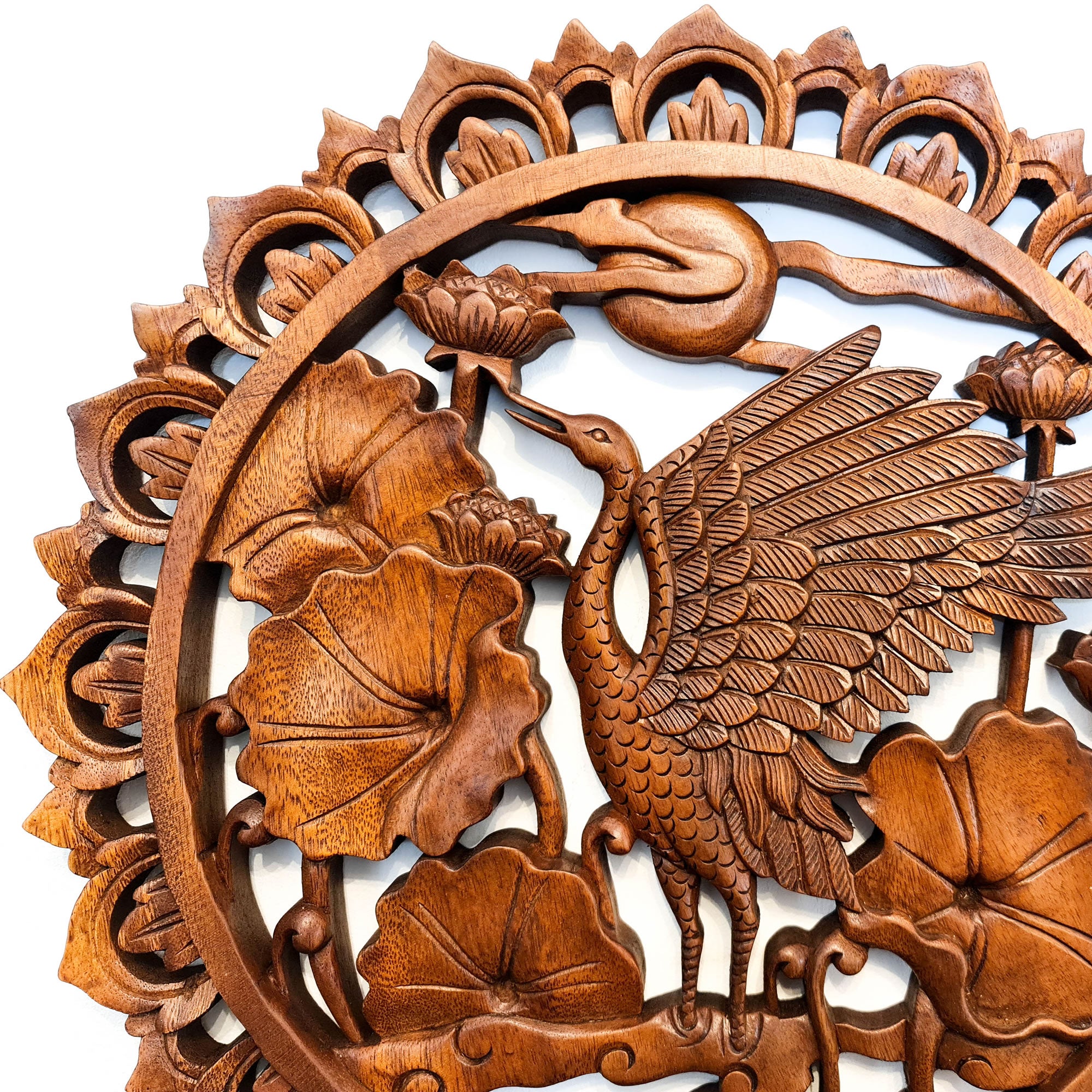 Dancing Crane Bird Carved Wooden Hand Carved Decorative Panel Sculpture Nature - Easternada