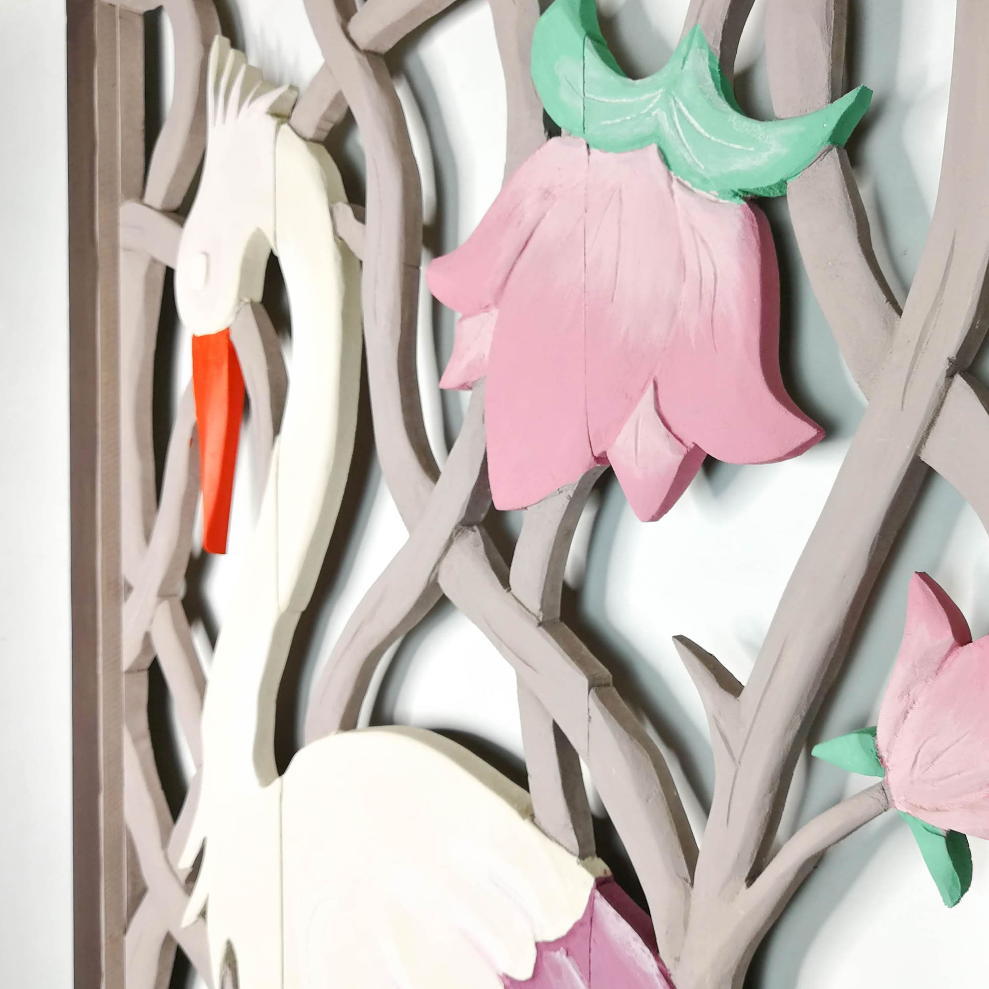 Carved Painted Wooden Wall Art - Large Headboard Decorative Bird Panel