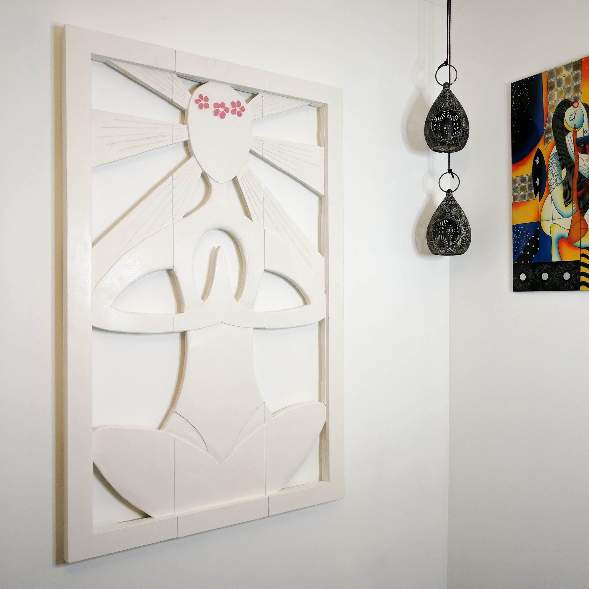 Art mural en bois sculpté - Grande sculpture décorative de tête de lit Namaste Yoga Meditation Panel