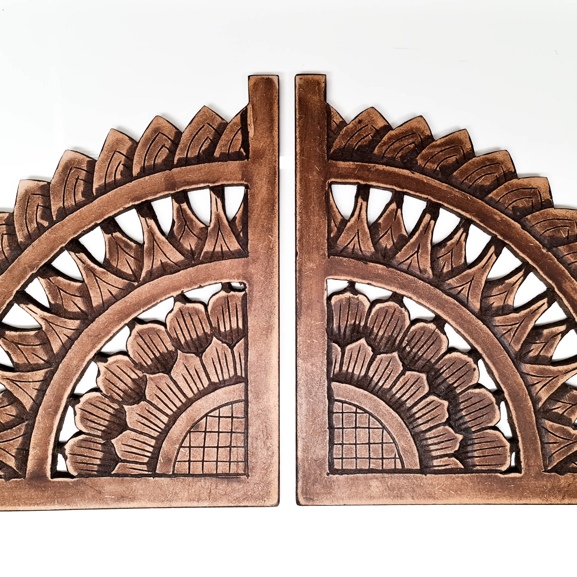 Carved Wooden Wall Art - Rustic Corners Curved Mandala Distressed Antique Brown