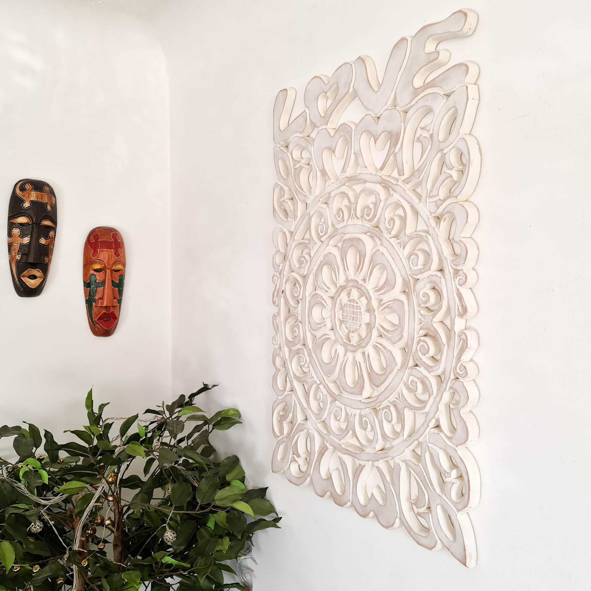 Handmade Carved Wooden Decorative Wall Art Lotus Headboard LOVE - A perfect gift for a loved one