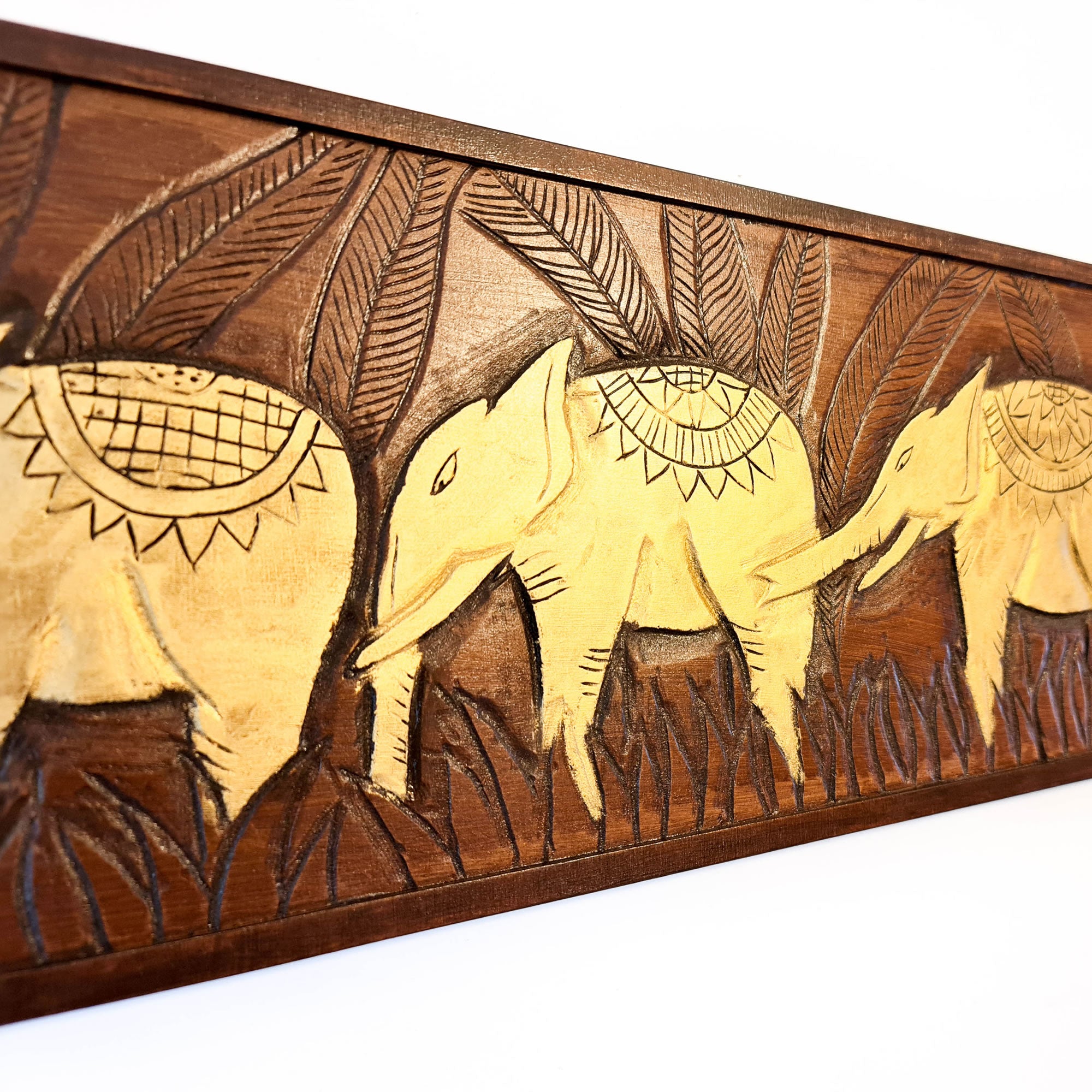 Golden African Jungle Elephants. Hand carved wooden wall art. A perfect headboard art