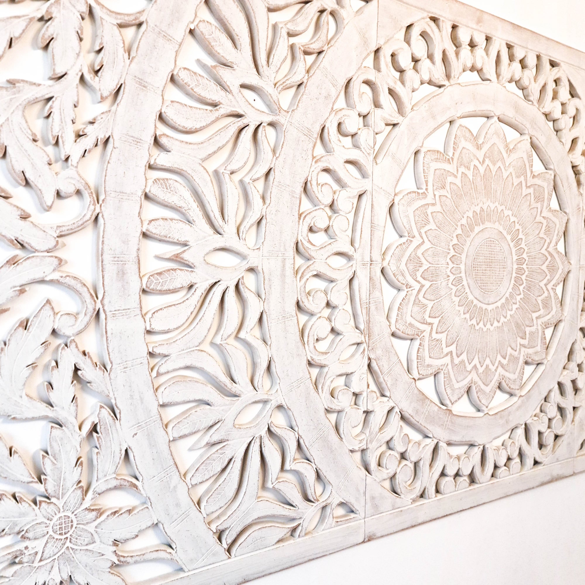 Hand Carved Wooden Wall Art - Headboard Decorative Large King Mandala Distressed White Bohemian Boho Style Sgabby Chic