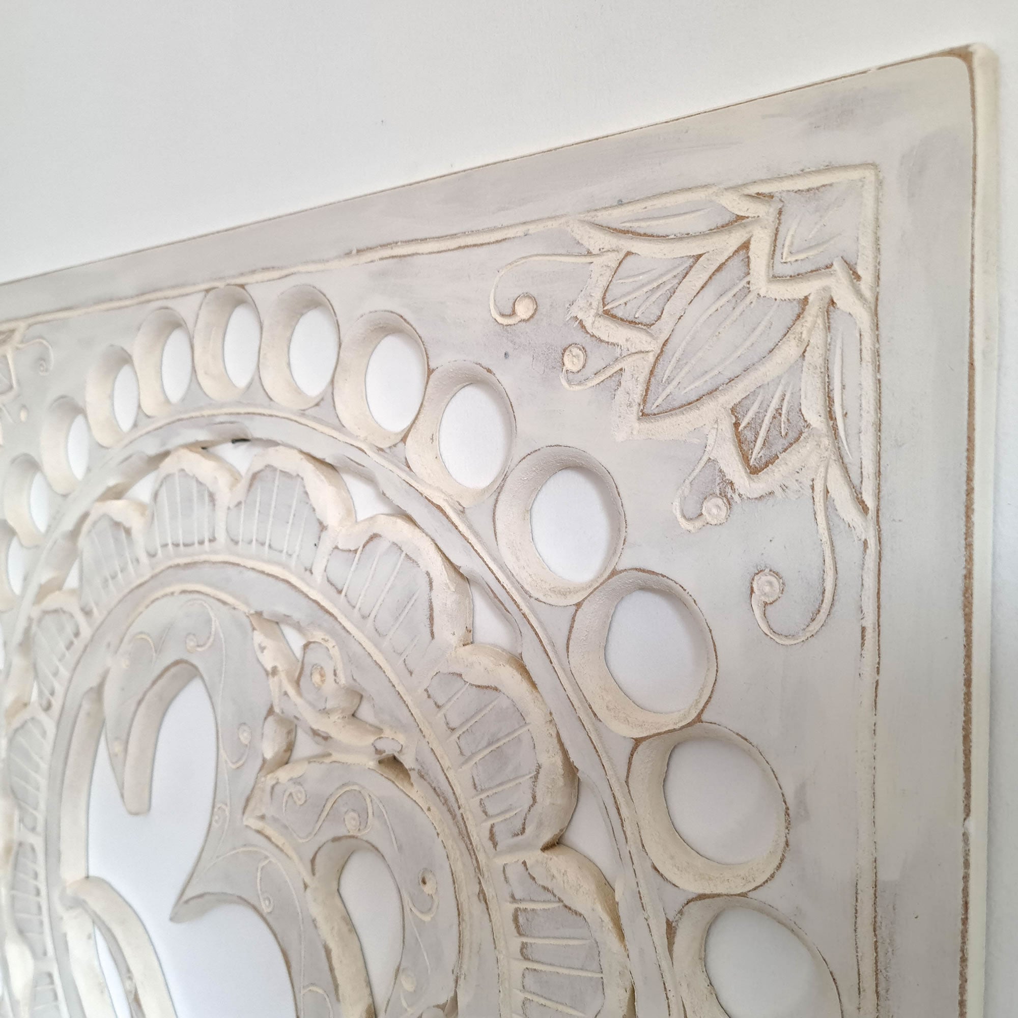 Handmade Carved Wooden Decorative Wall Art OM Mantra Distressed White