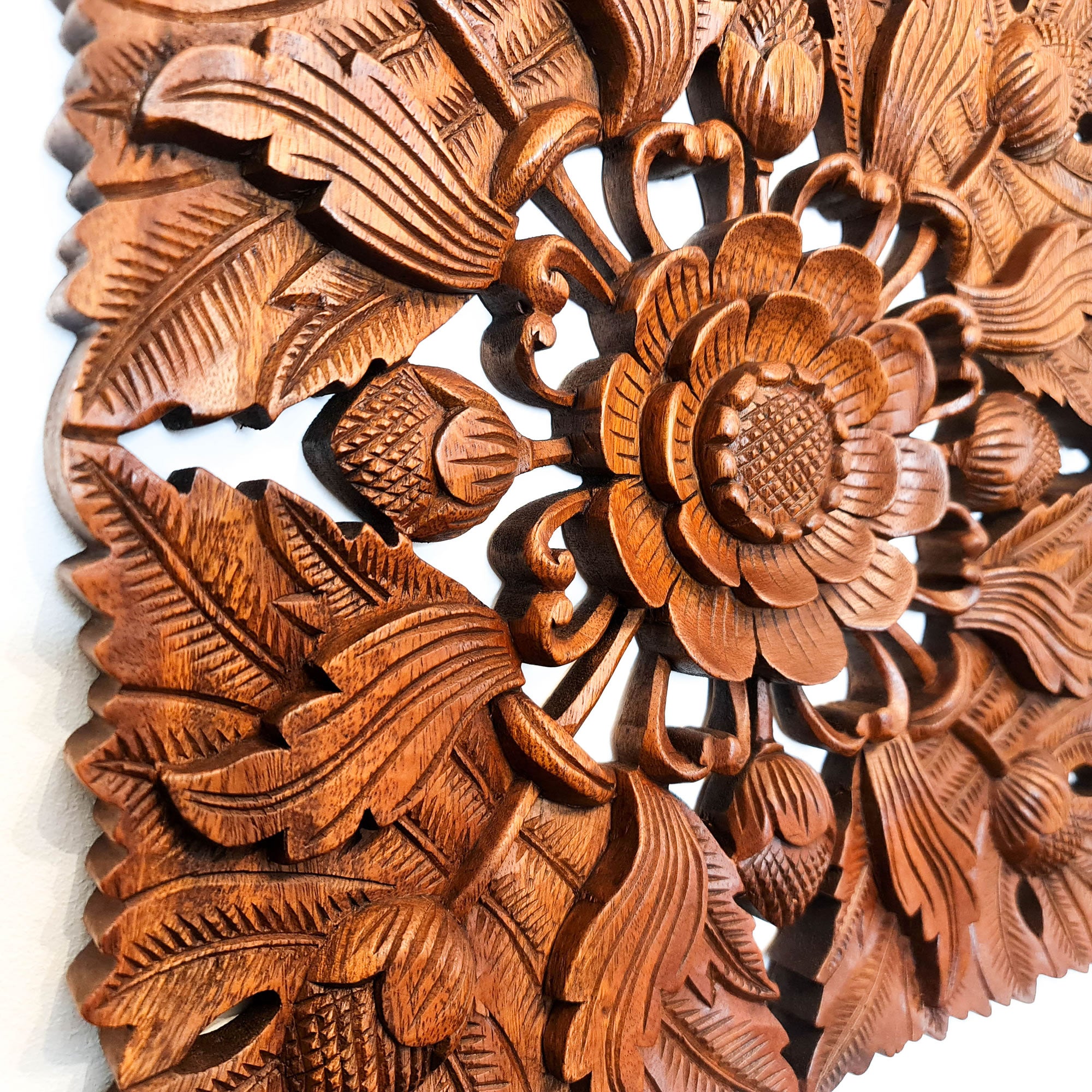 Wild Lotus Flower Carved Wooden Hand Carved Decorative Panel Sculpture Nature Garden plants -Easternada