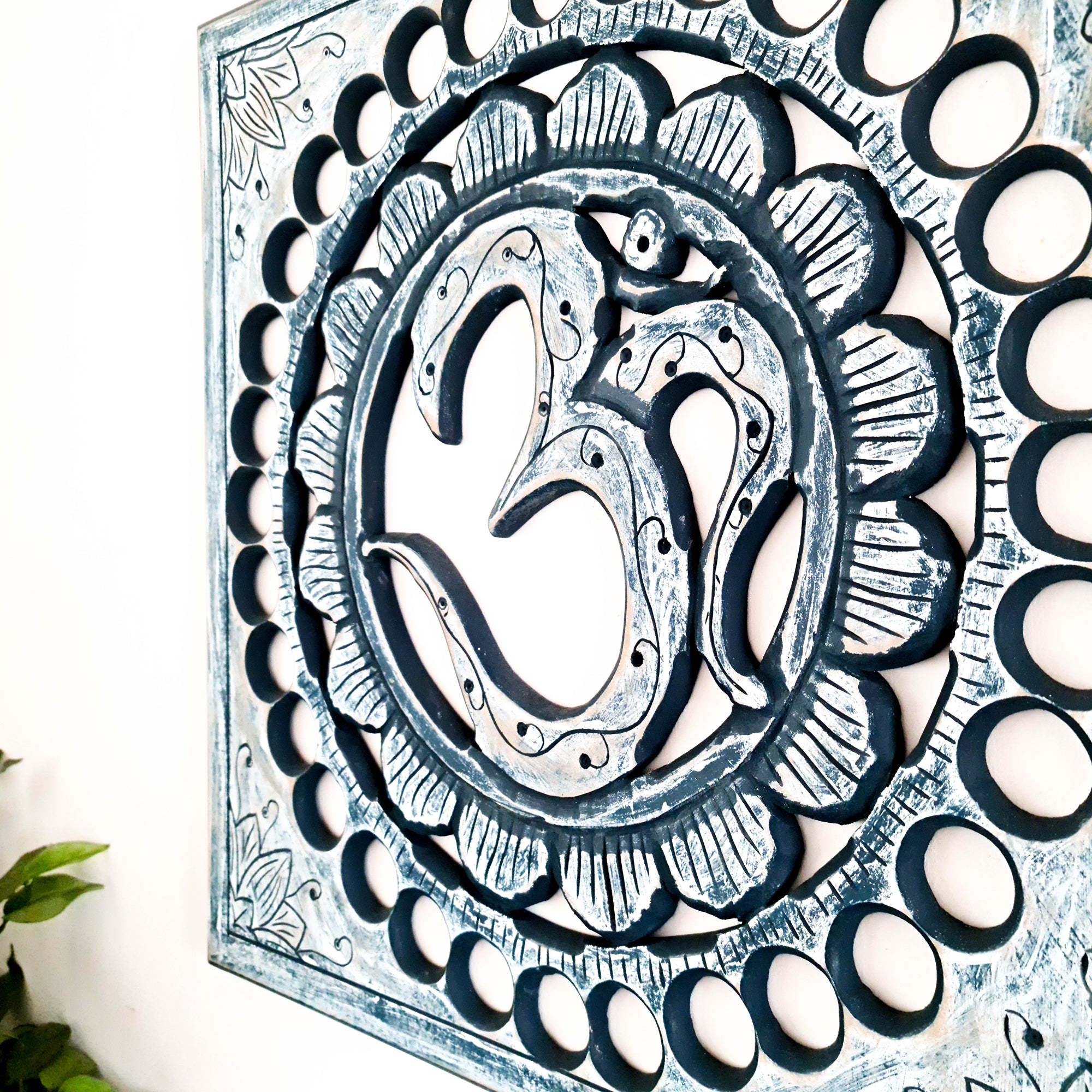 Handmade Carved Wooden Decorative Wall Art Hanging Buddha OM Mantra Distressed Rustic Indigo Blue