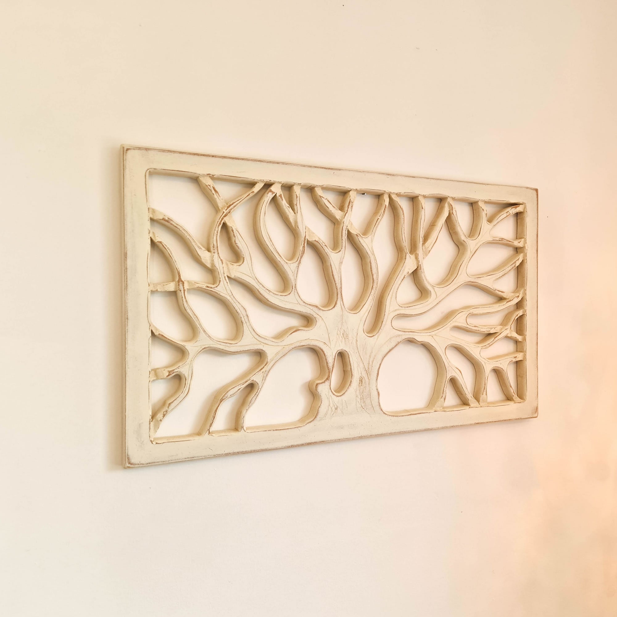 Hand Carved Shabby Chic Wooden Tree of Life Wall Art - Decorative Distressed White