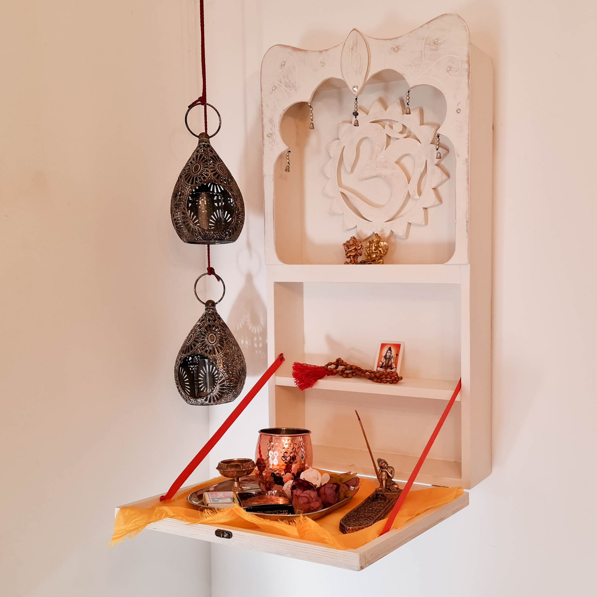 Hindu Mandir Pooja Prayer Temple Hand Made Wood Home Cabinet Distressed White Shabby Chic Wall Mounted Easternada