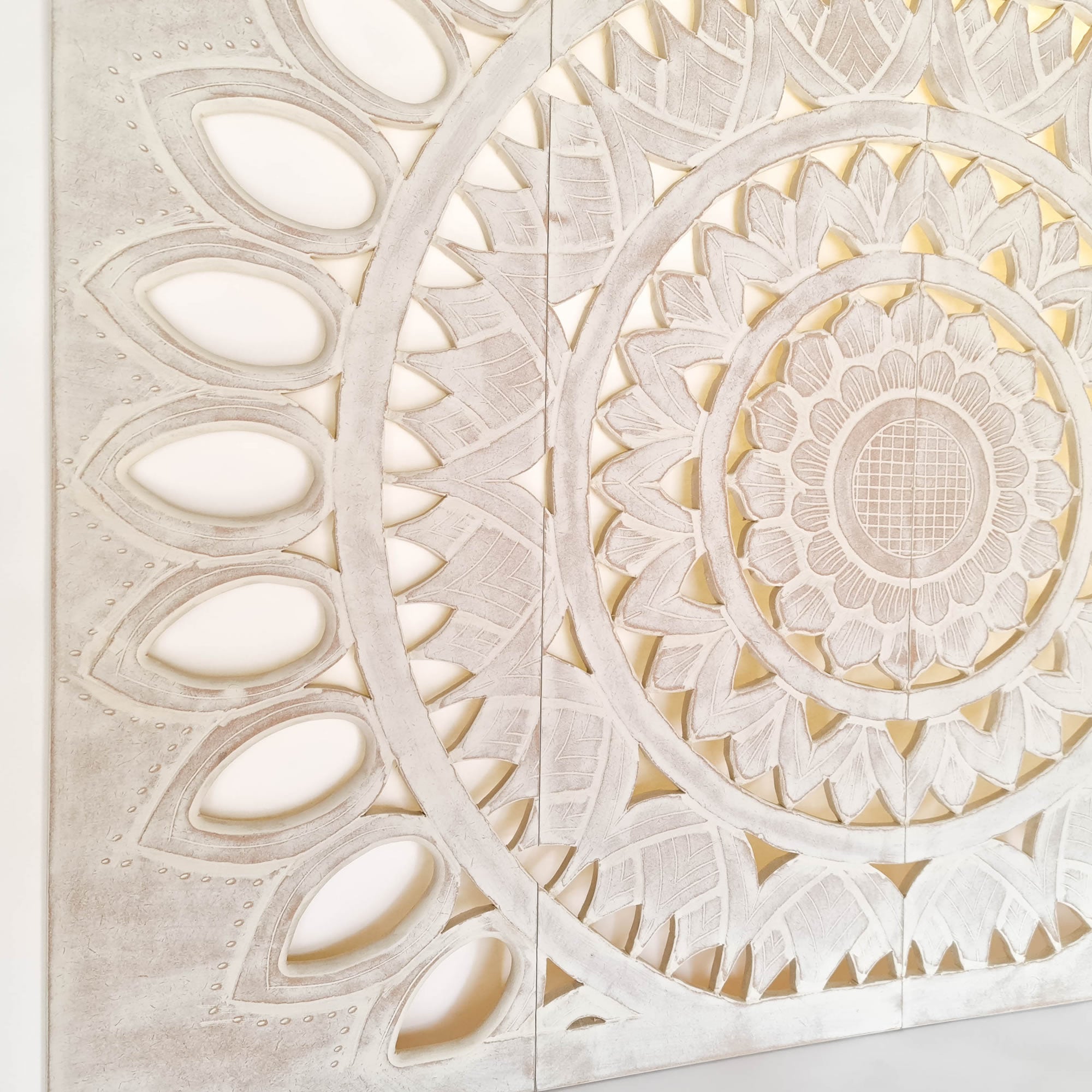 Mandala Headboard Carved Wooden Decorative Panel Art Distressed White Shabby Chic