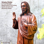 Hand-carved out of solid hardwood this sculpture is quite unique and rare. The image depicts the Lord Jesus Christ with beautiful detail. A stunning Masterpiece. Bring home the blessings of Jesus The Savior