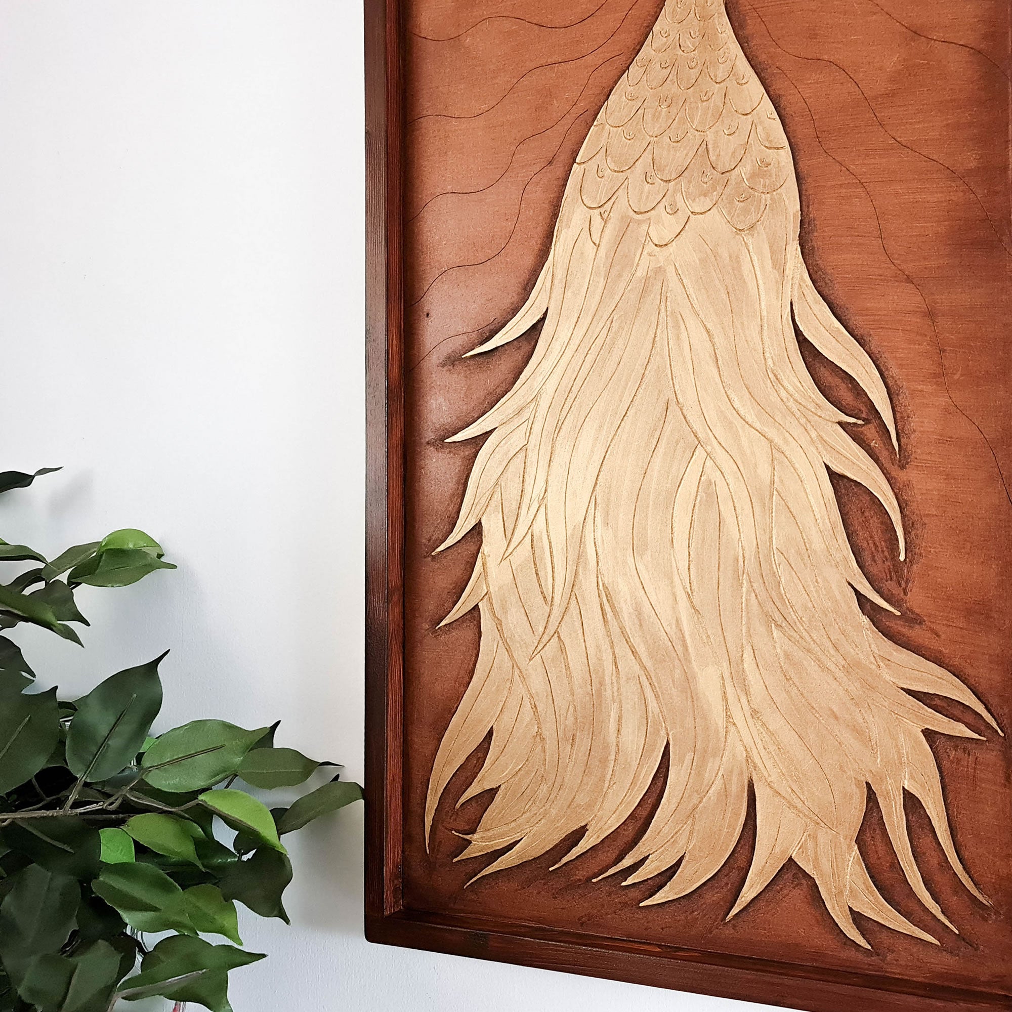 A beautifully carved wooden wall art - Golden Peacock. Handcrafted by skilled craftsmen this one-off piece is unique and simply amazing.