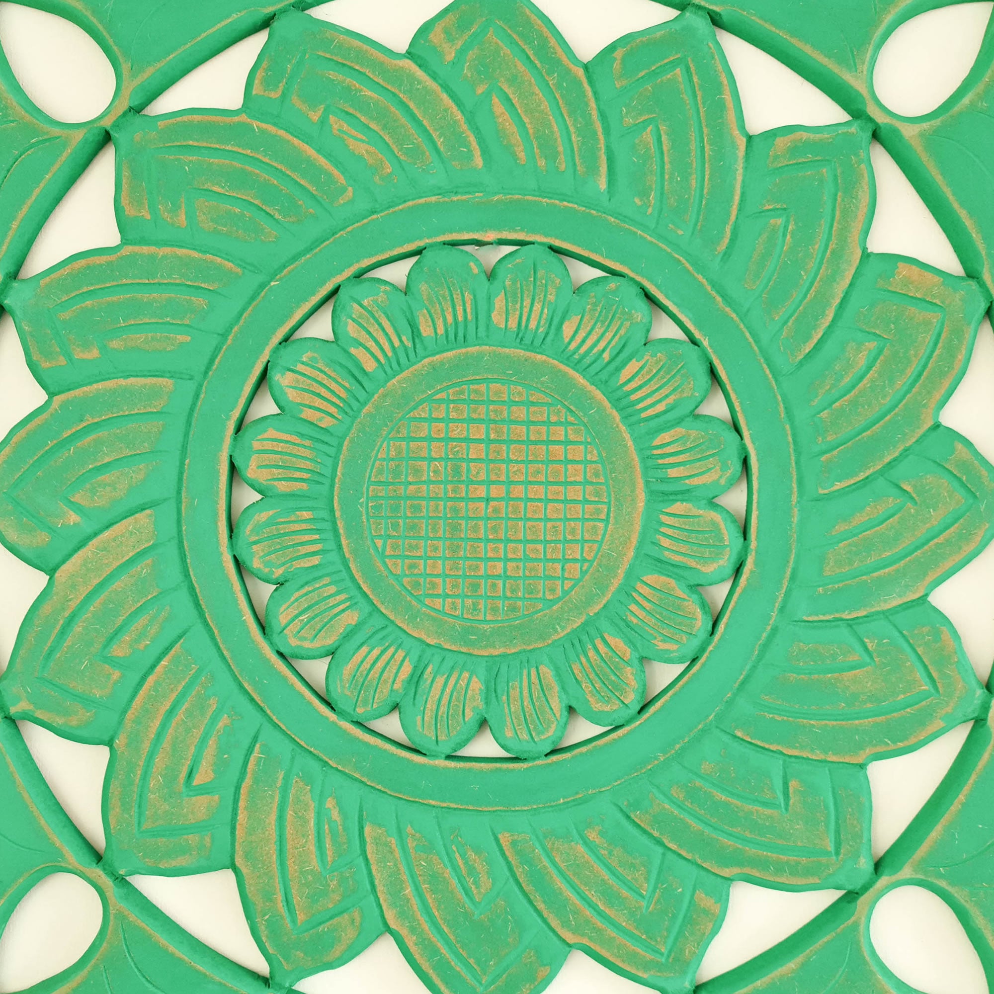 Hand Carved Wooden Wall Art - Square Decorative Mandala Turquoise