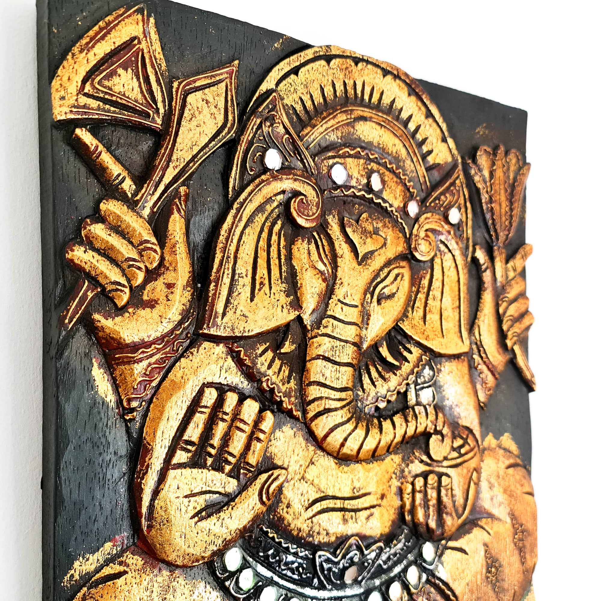 Hand Carved Painted Golden Ganesh Hindu God Mandir Wood Art Sculpture