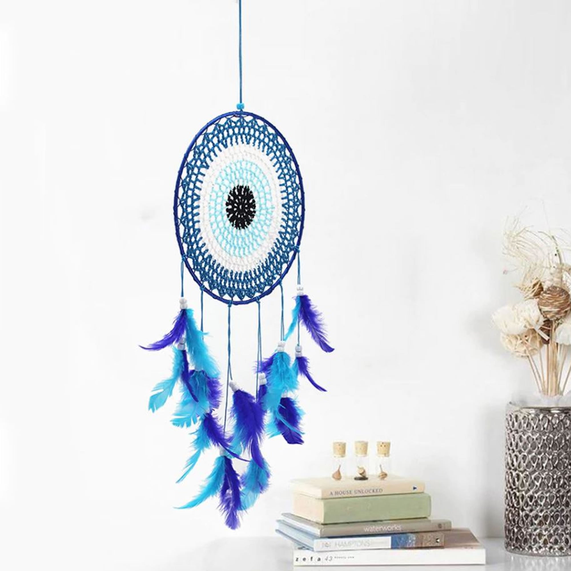 A beautiful Nazar Turkish Evil Eye Handmade Bohemian Macramé Beads Dream Catcher Car Wall Hanging Decoration Art, a perfect gift. A unique piece with subtle colors and beads to give an elegant touch