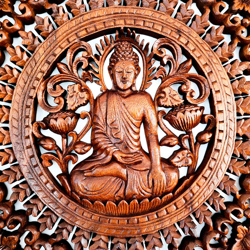 Sitting Buddha Hand-Carved Wooden Wall Art Decorative Hanging. Unique and Timeless Gift Idea