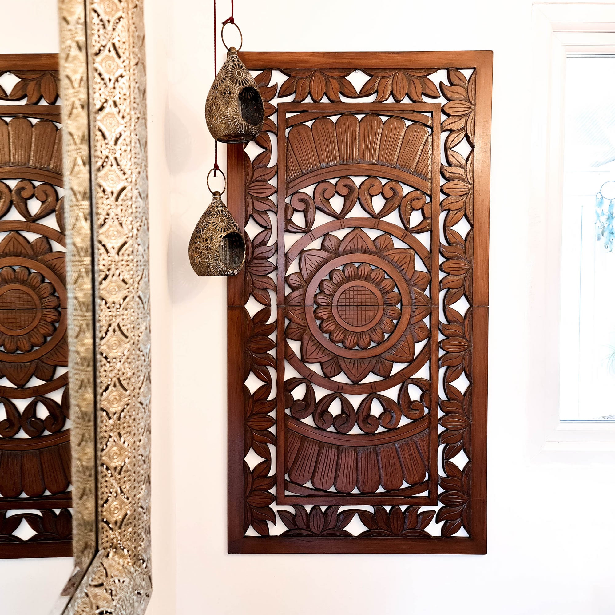 Hand Carved Wooden Wall Art - Decorative Mandala Headboard Panel Easternada