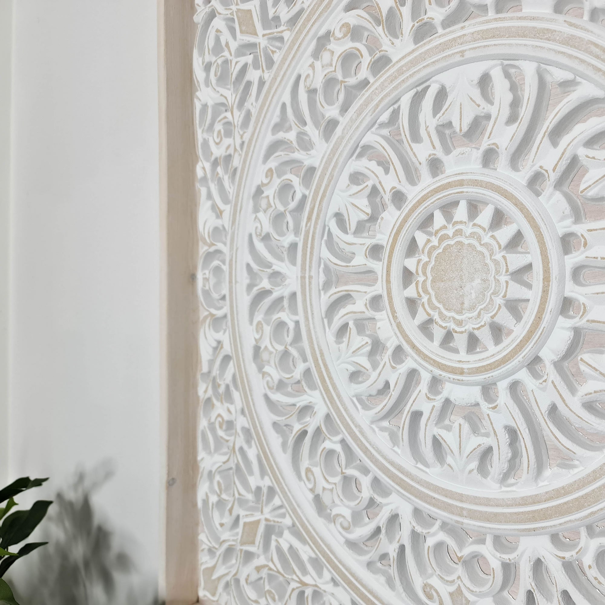 Carved Wooden Decorative Framed Mandala Panel Art Sculpture White Shabby Chic
