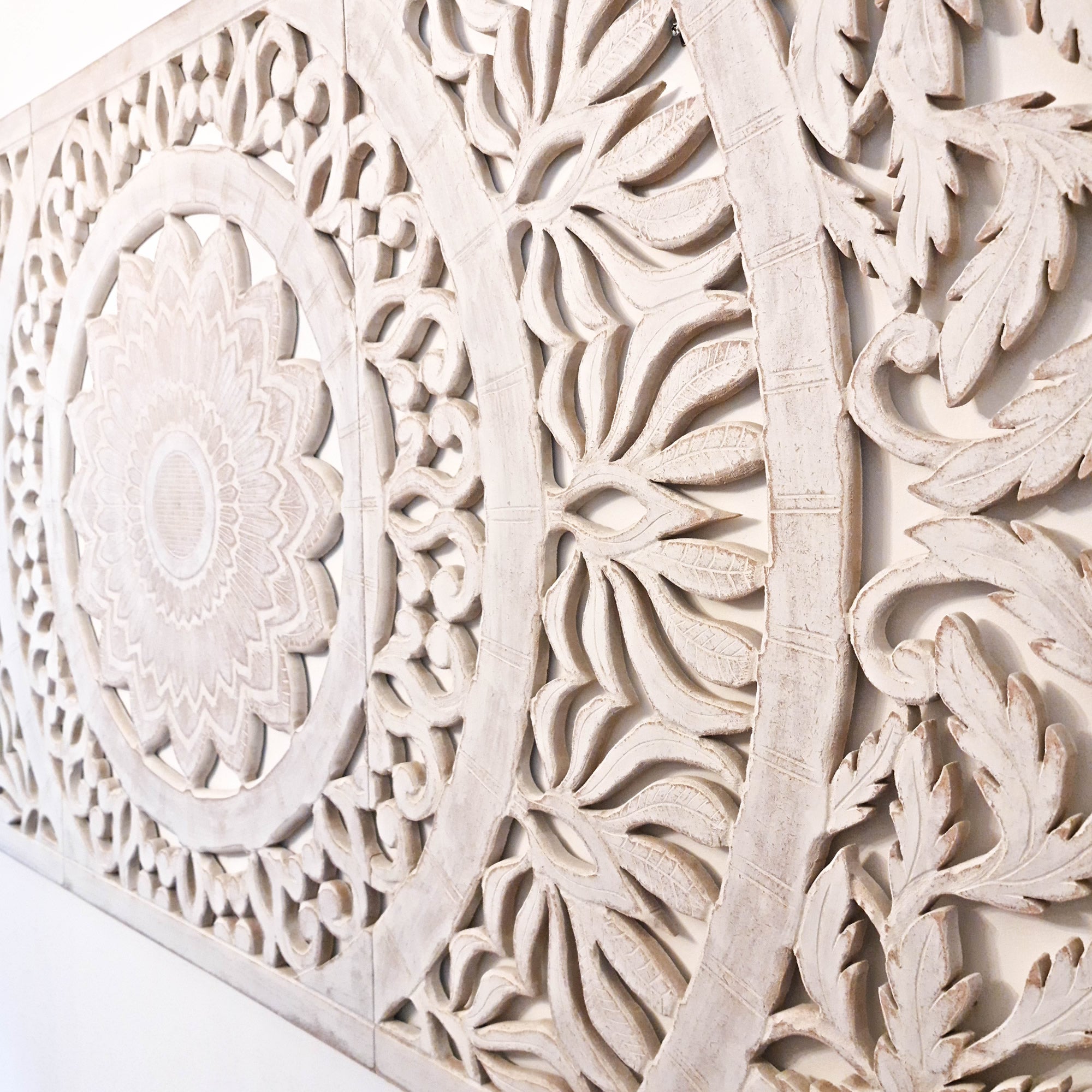 Hand Carved Wooden Wall Art - Headboard Decorative Large King Mandala Distressed White Bohemian Boho Style Sgabby Chic