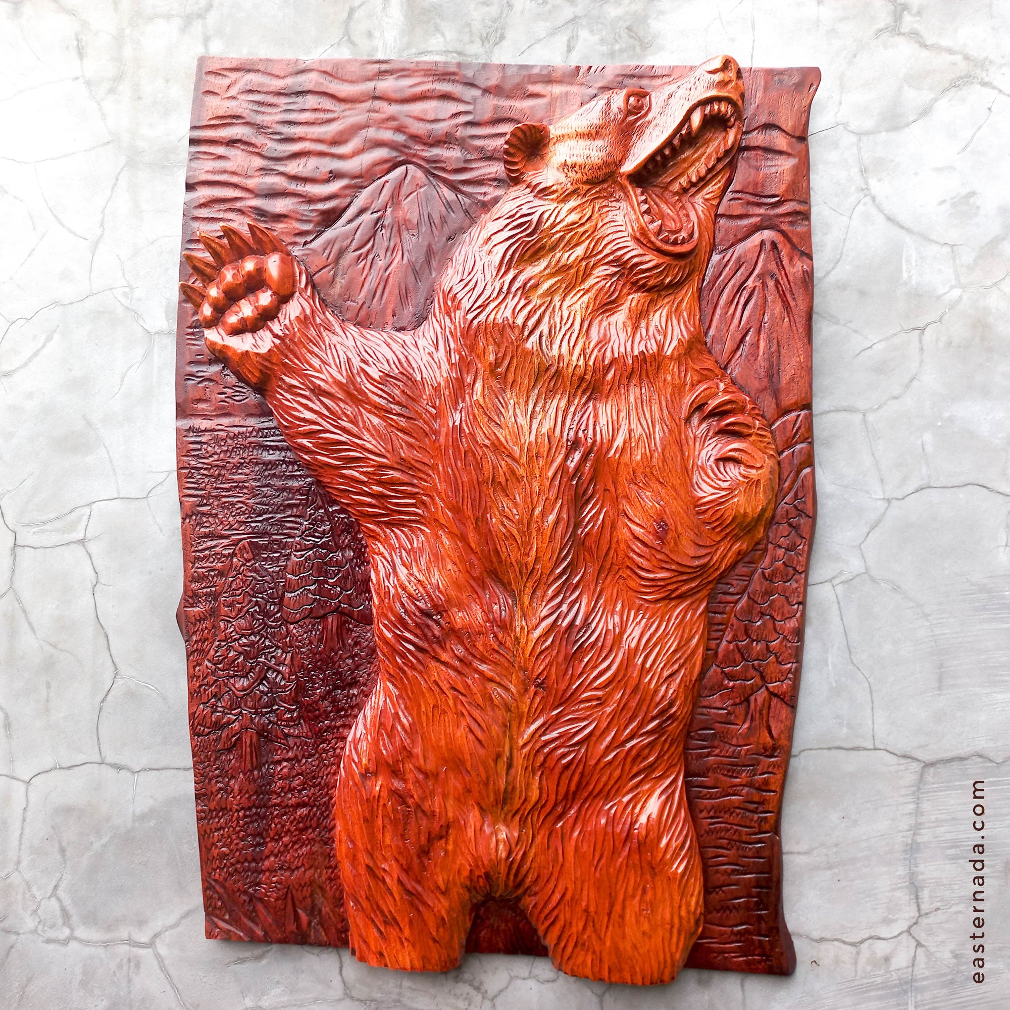 Hand Carved Grizzly Bear Decorative Teakwood Sculpture Wall Art